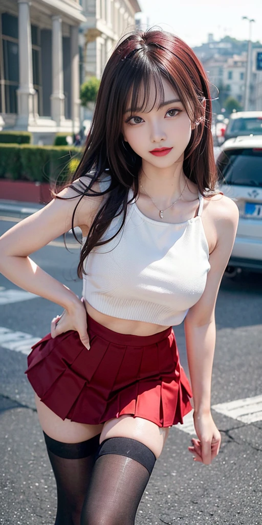 (8k, original photo, best quality, On the table:1.2), (Realist, Light-induced realism:1.37), Ultra-high resolution A, 1 girl, 18 years old, (Idol:1.4), (Famous actress :1.4), (Beautiful and delicate face:1), Bangs, (五彩Flowing hair), Hollows in the skin, Light makeup, (Beautiful big breasts:1.3), (Radiant Skin:1.1), Shiny skin, Long limbs, Slim, Suspended chest:1.3, Narrow waist, Medium hips, Thin legs, Thin legs, Dynamic Lighting, Obscene face, Smooth texture, Lipstick, V-shaped eyebrows, V Line Joe, 抬头看着audience, (Long hair:1.3), (Perfect face:1.4), ((Strong Wind)), Flowing hair, audience, (Smile:1.3), blue sky, (((Monte Carlo Street Circuit))), (((Racing))), (((Racing))), ((Promotion Girl:1.3)), ((grid girl:1)), Pink Lips, Light makeup, (Exquisite promotional clothing is intricately worn:1.10), Lace-up boots, Short sleeve, Cropped tops, ((Bomber Jacket:1)), (Tube Top:1), Knee-length, (((大量徽标尼龙Short sleeve夹克))), (Knee-length闪光尼龙百褶半身裙), ((ASYMMETRICAL MEDIUM NYLON PLEATED SKIRT)), Small hips, ((Promotional clothing with logo)), (((Red and white glitter promotional clothing))), Fingerless gloves, Abdominal view style, Dark-haired, Brown hair, Red hair, blue eyes, (Sweat beads:1), (Dynamic Angle), walk, Bend forward, audience,