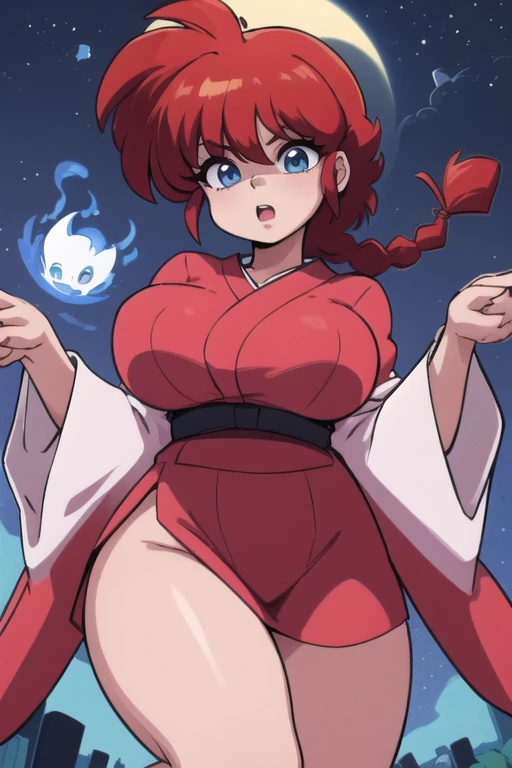 RanmaChan, cabello rojo, Cabello con trenza, ojos azules, ojos detallados, cuerpo completo, lindo, sexyrobutts, Japanese Ghost Costume, fantama flotando, noche luna llena 