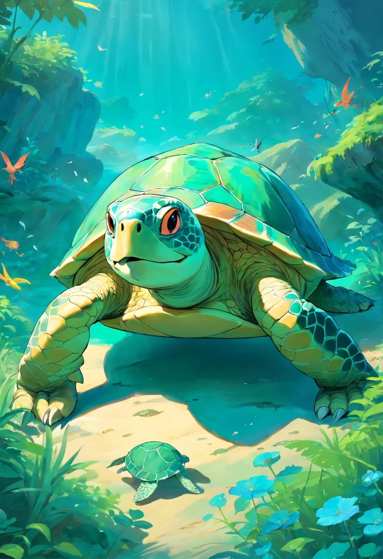 Turquoise green prehistoric turtle displaying a complicit smile in memory of the past