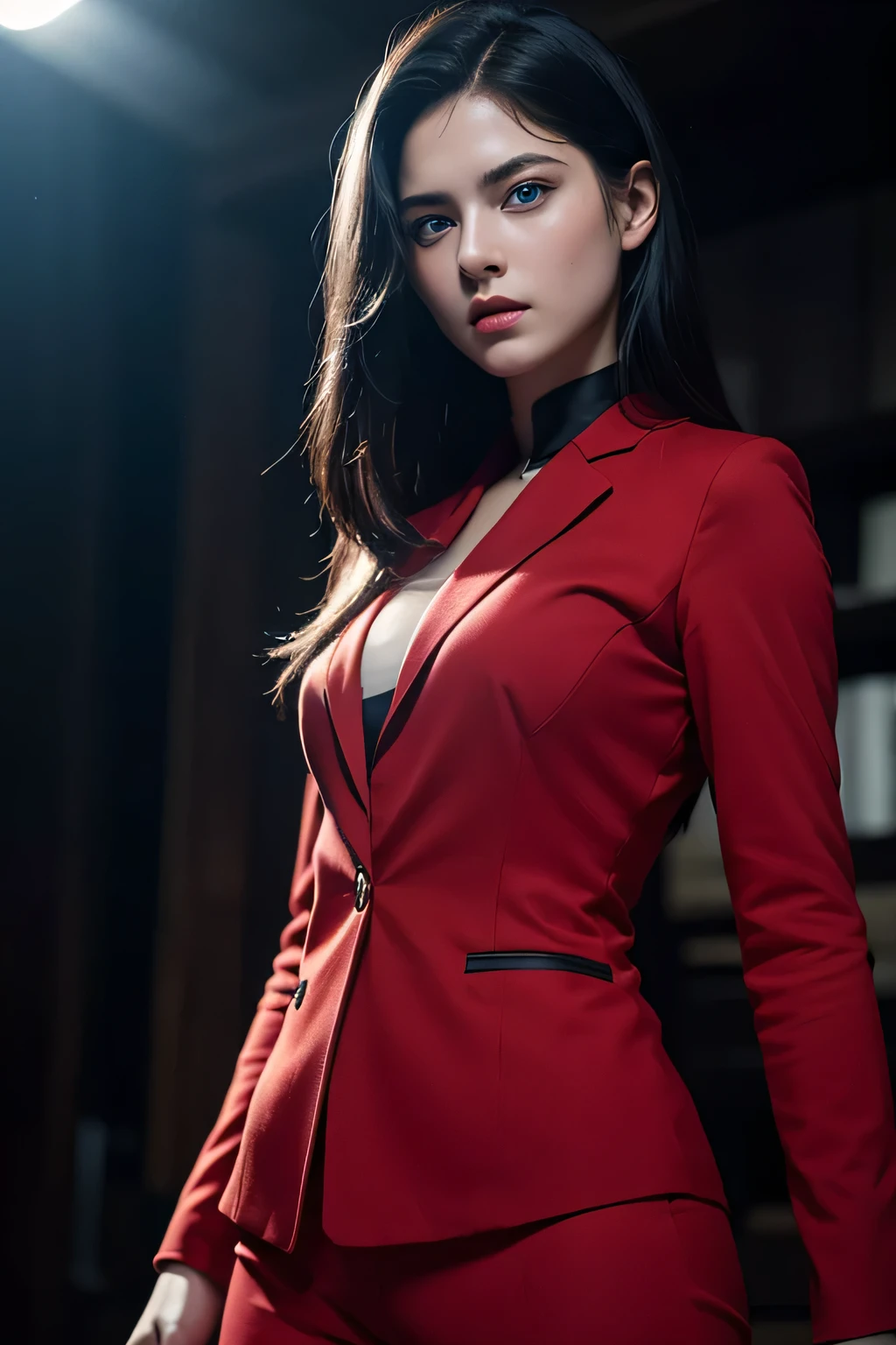 Best quality, masterpiece, ultra high res, (photorealistic:1.4), raw photo, 1girl, black hair, blue eyes, detailed eyes and face, red suit, dynamic lighting, in the dark, deep shadow, low key, cowboy shot, full-lenght body