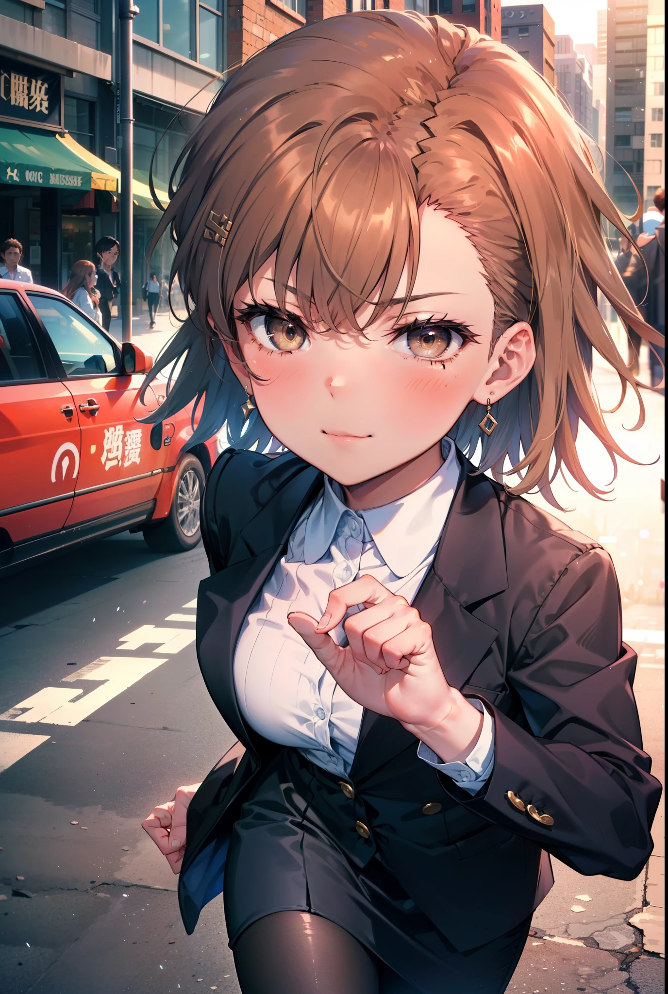 8k,highest quality,masterpiece,(((Pixel Perfect, Perfect in every detail))), 一peopleで, 1people, ,Mycotrose, Brown eyes,Brown Hair,short hair,blush,happy smile, smile, Open your mouth,OL, Black suit jacket, Collared jacket, White dress shirt, Collared shirt, Neckline, button, Black pencil skirt, Black pantyhose,Stiletto heels,sunset,evening,The sun goes down,walking,whole bodyがイラストに入るように,
break outdoors, Building district,crowd, people々々々々,
break looking at viewer, whole body,
break (masterpiece:1.2), highest quality, High resolution, unity 8k wallpaper, (shape:0.8), (Beautiful details:1.6), Highly detailed face, Perfect lighting, Extremely detailed CG, (Perfect hands, Perfect Anatomy),
