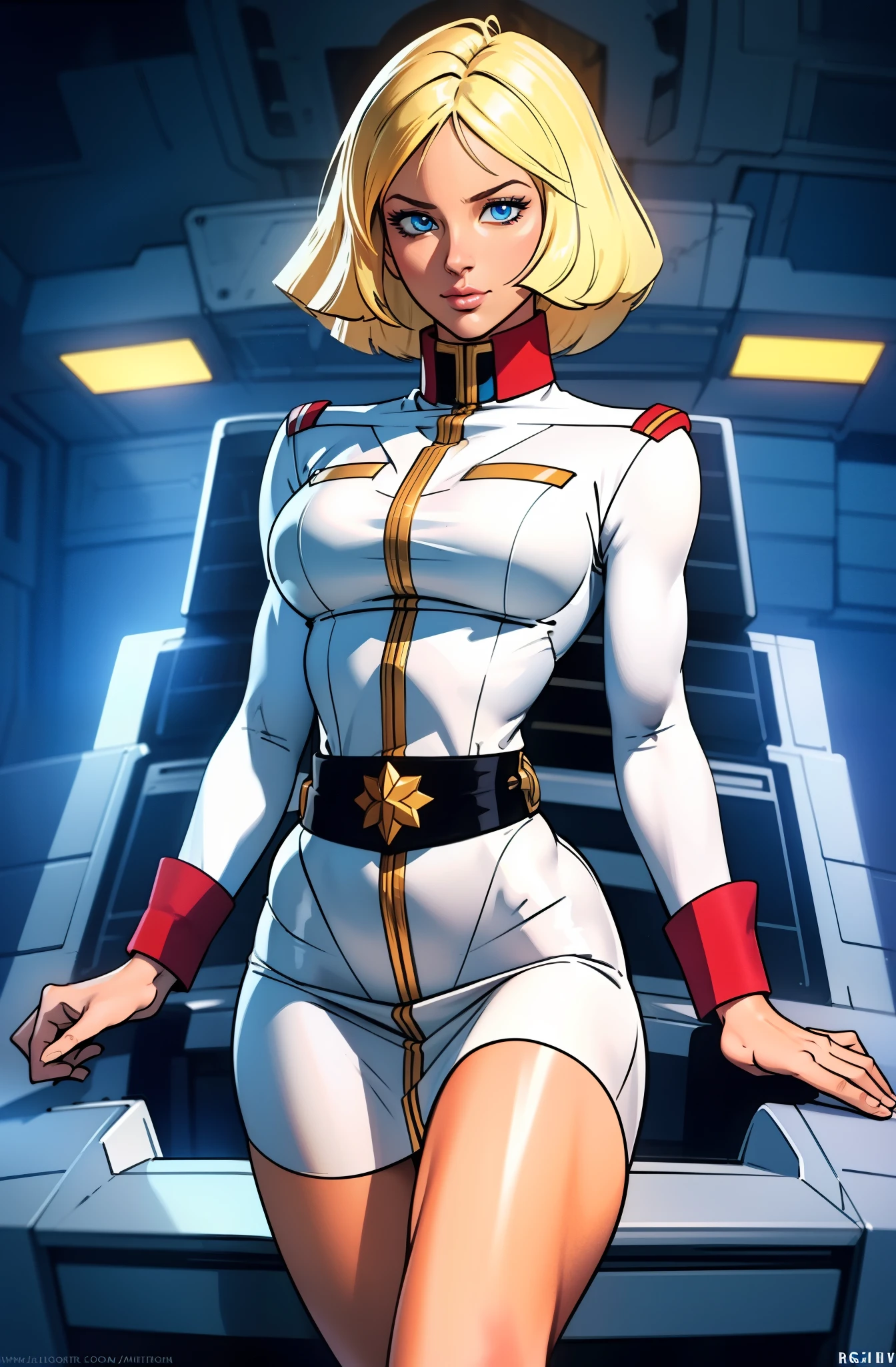 ((masterpiece)), ((cinematic lighting)), realistic photo、Real Images、Top image quality、1girl in, sayla mass, Elegant, masterpiece, Convoluted, slim arms, wide hips, thick thighs, thigh gaps, Best Quality, absurderes, high face detail, Perfect eyes, mature, Cowboy Shot, , Vibrant colors, White uniform, Skirt,