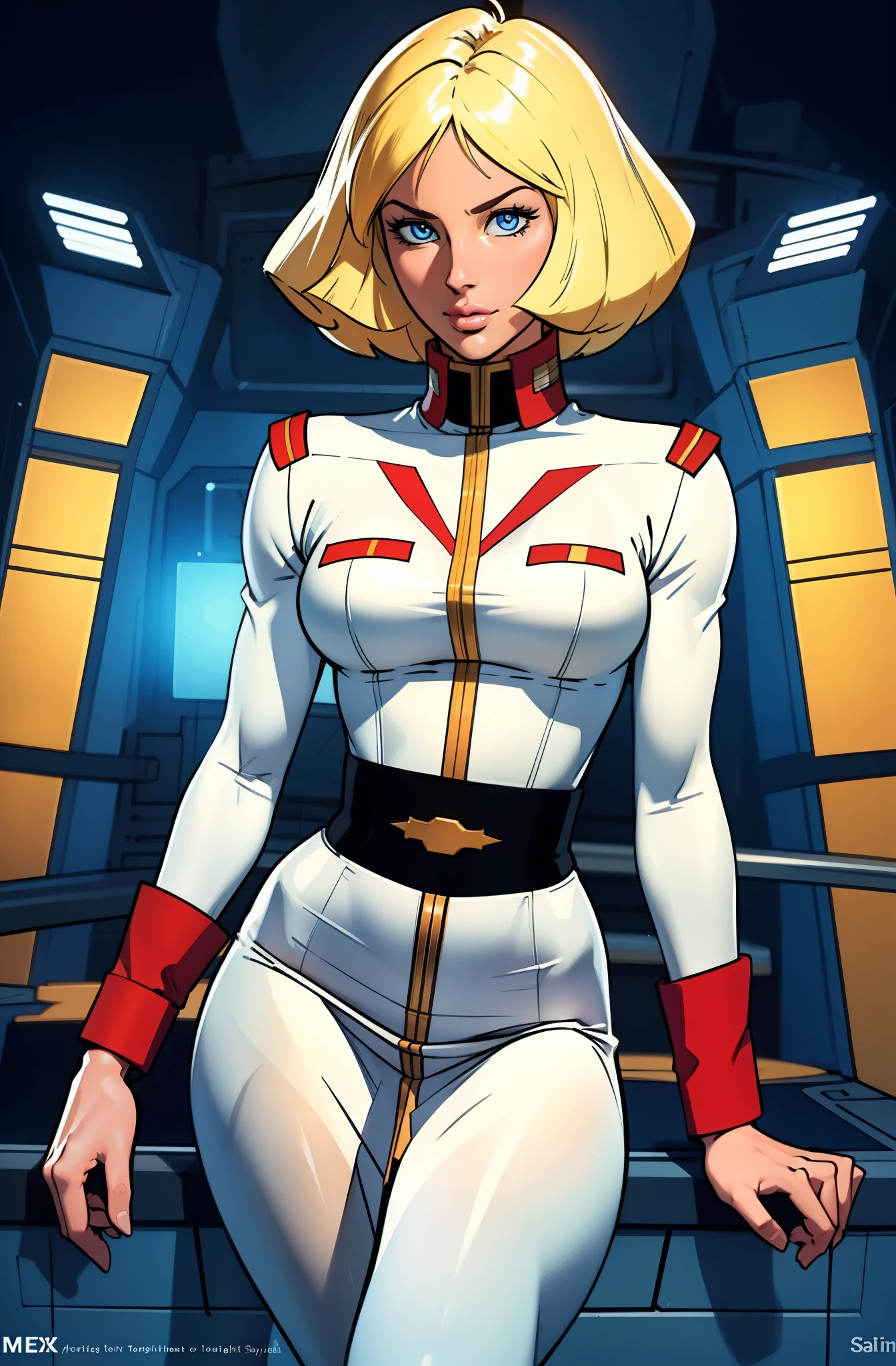 ((masterpiece)), ((cinematic lighting)), realistic photo、Real Images、Top image quality、1girl in, sayla mass, Elegant, masterpiece, Convoluted, slim arms, wide hips, thick thighs, thigh gaps, Best Quality, absurderes, high face detail, Perfect eyes, mature, Cowboy Shot, , Vibrant colors, White uniform, Skirt,
