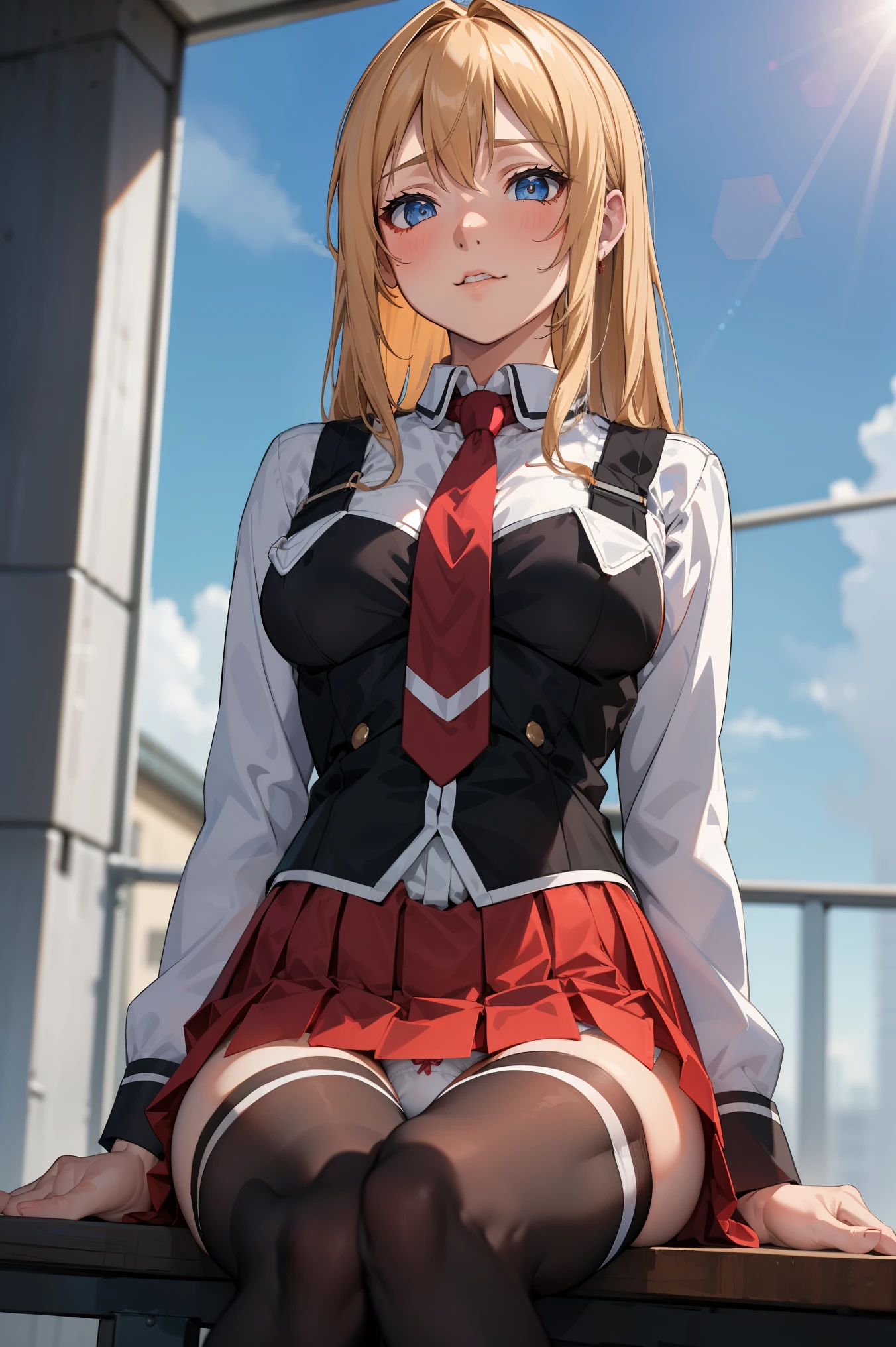 ((masterpiece, best quality)), insaneres, absurdres, solo, outdoors, sfw
CLOTHING_BibleBlack_SchoolDress_ownwaifu, 
1girl, blonde hair,  long hair, blue eyes, 
black vest, red skirt, white undies, white shirt, collared shirt, suspenders, , black thighhighs, zettai ryouiki, necktie, long sleeves, pleated skirt, red necktie, 
(from below, sitting)lens flare, depth of field, bokeh, embers, vanishing point, view at viewer, showing white undie 