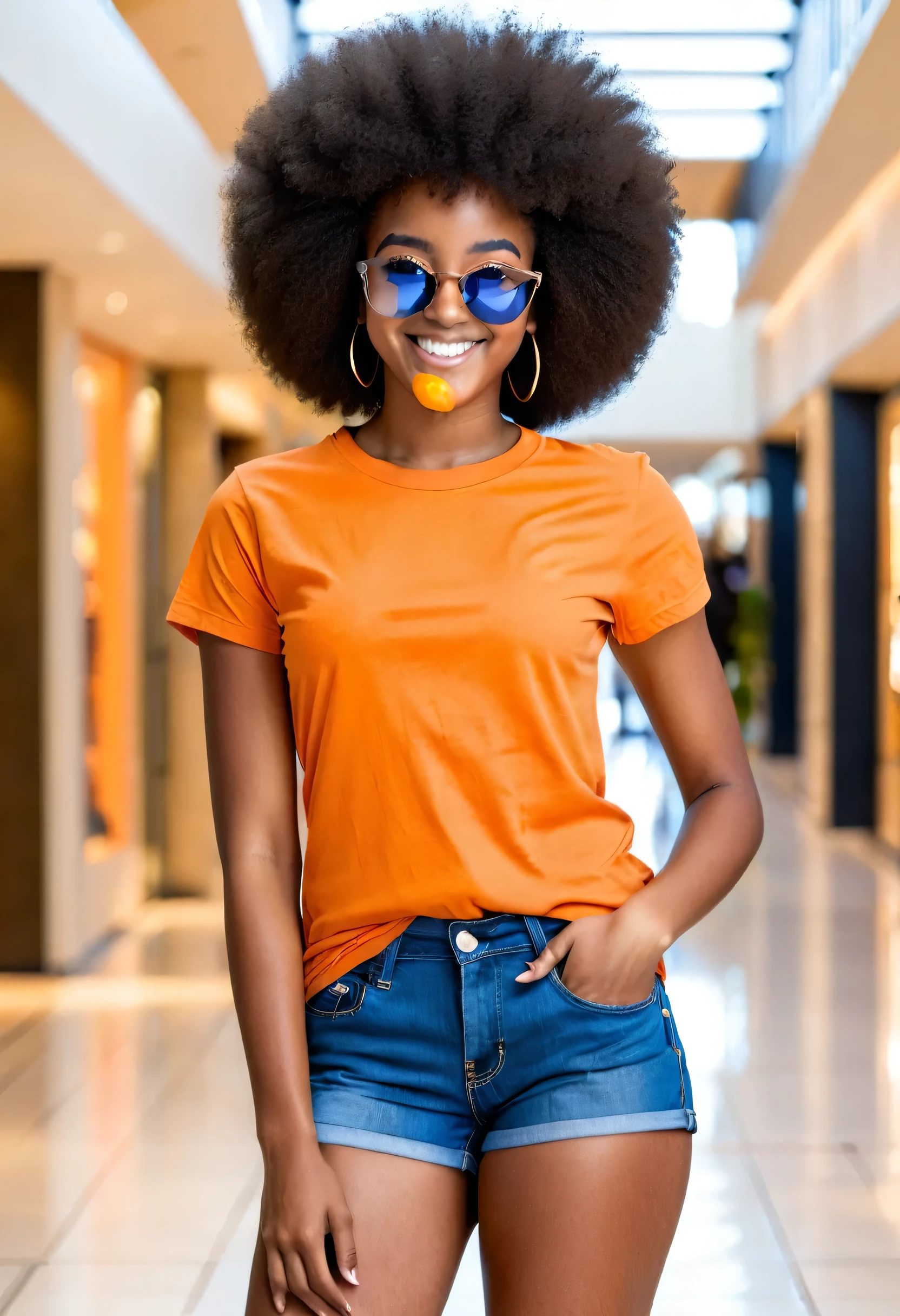 Smiling young woman with afro hair, wearing an orange t-shirt with blue jean shorts posing for a picture, confident posture, brown skin, south african young woman, black young woman, beautiful natural skin, slim body, perfect waist, at the mall, clear background