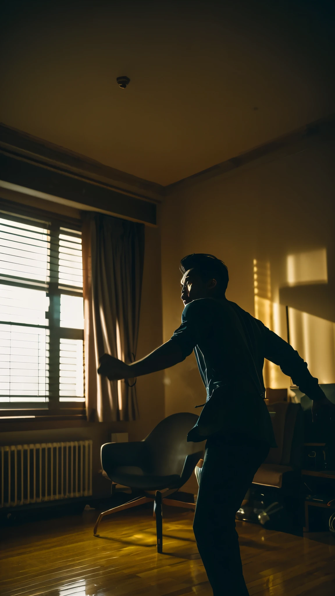 A detailed image of a man going crazy in a room during the day, taken with a cinematic camera, using portrait with cinematic lighting --ar 9:16 --s 1000 --v 6