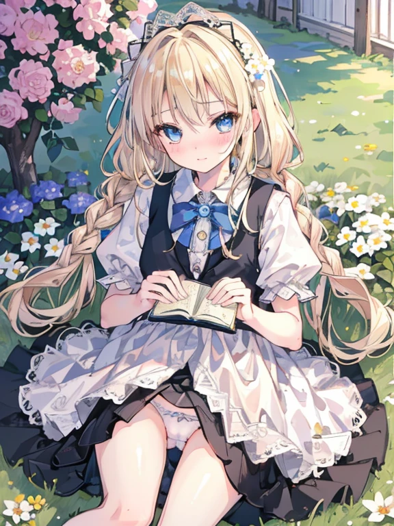 (8k, highest quality, Tabletop:1.2)、Ultra-high resolution、One 14-year-old girl, Perfect Fingers, Detailed face, Blushing, blue eyes, Blonde, Braid, White panties, White blouse, Black vest, garden, flower bed, Lying on the grass