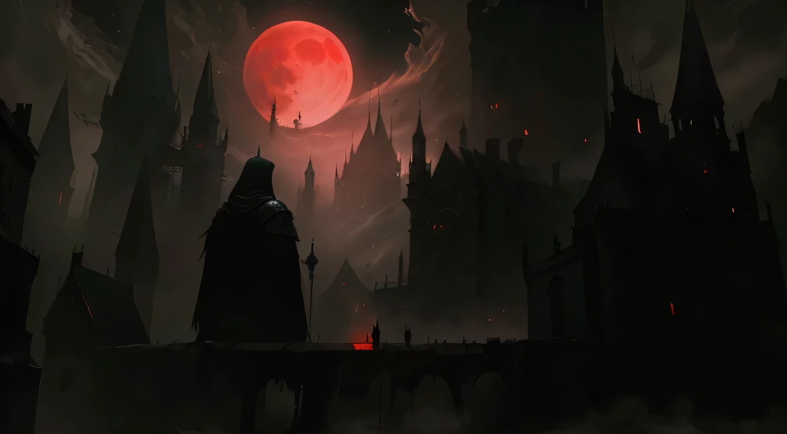There is a painting,There is a castle in the painting,There is a red moon in the sky, An ominous fantasy illustration, Inspired by Jakub Skaneder, Dark atmosphere illustration, Dark fantasy art, author:Thomas Jedrusek, Just the art of dark metal music, Dark fantasy concept art, Bloodborne Art, Delicate atmosphere、Perseverance