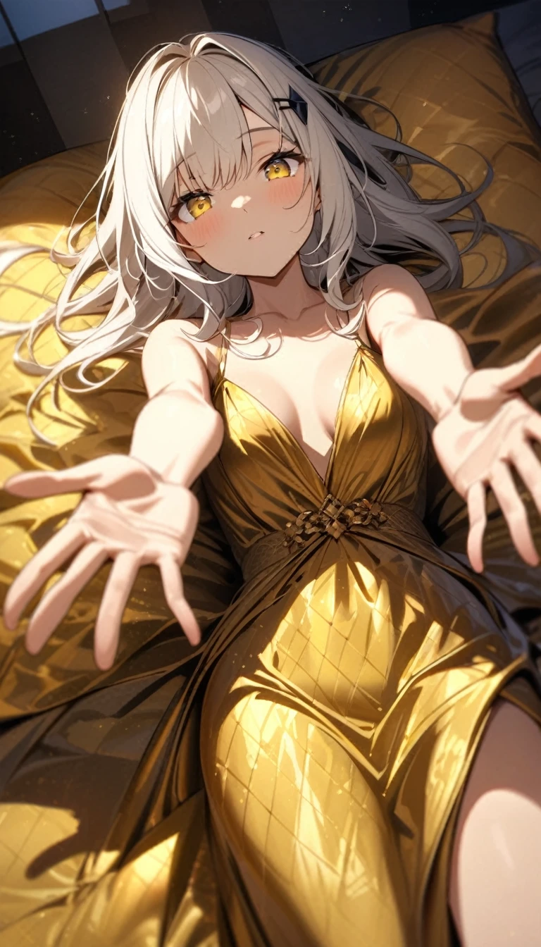 Gold silk gown, long white hair, yellow eyes, black rhombus horn-like hairpins, surroundings dominated by oversized golden silk textured soft duvet, moonlight, on back, arm support, arms up, incoming hug, pov, reaching, reaching towards viewer, looking at viewer, cowboy shot, dutch angle, lying down,