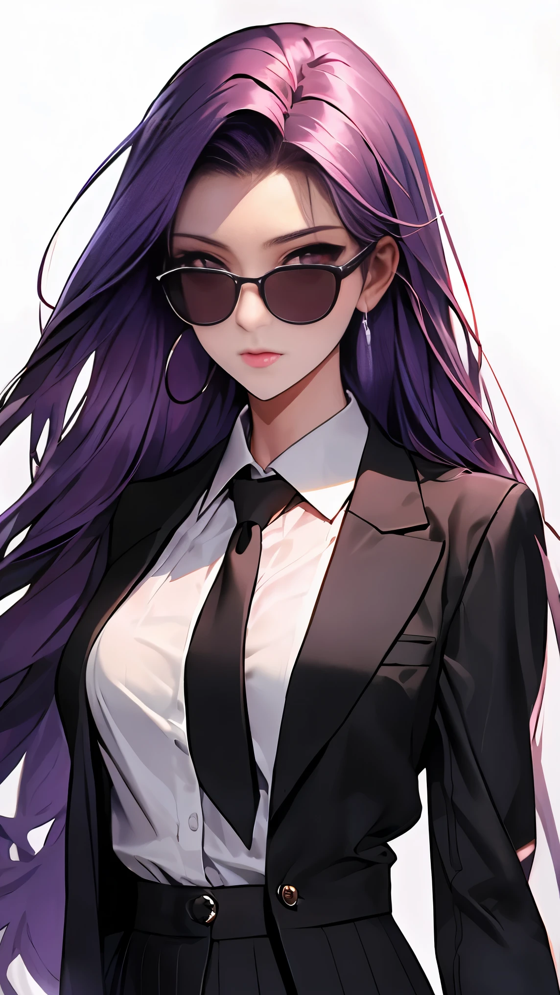 highest quality,masterpiece,High resolution,only,{Black business suit:1.40},{tie:1.20},{sunglasses:1.25},{White gloves:1.15},{ White shirt:1.10}, {Black Skirt:1.15}, good looking, {Medusa_FGO:1.15}, length_hair, purple_hair, very_length_hair, purple_eye, chest, big_chest