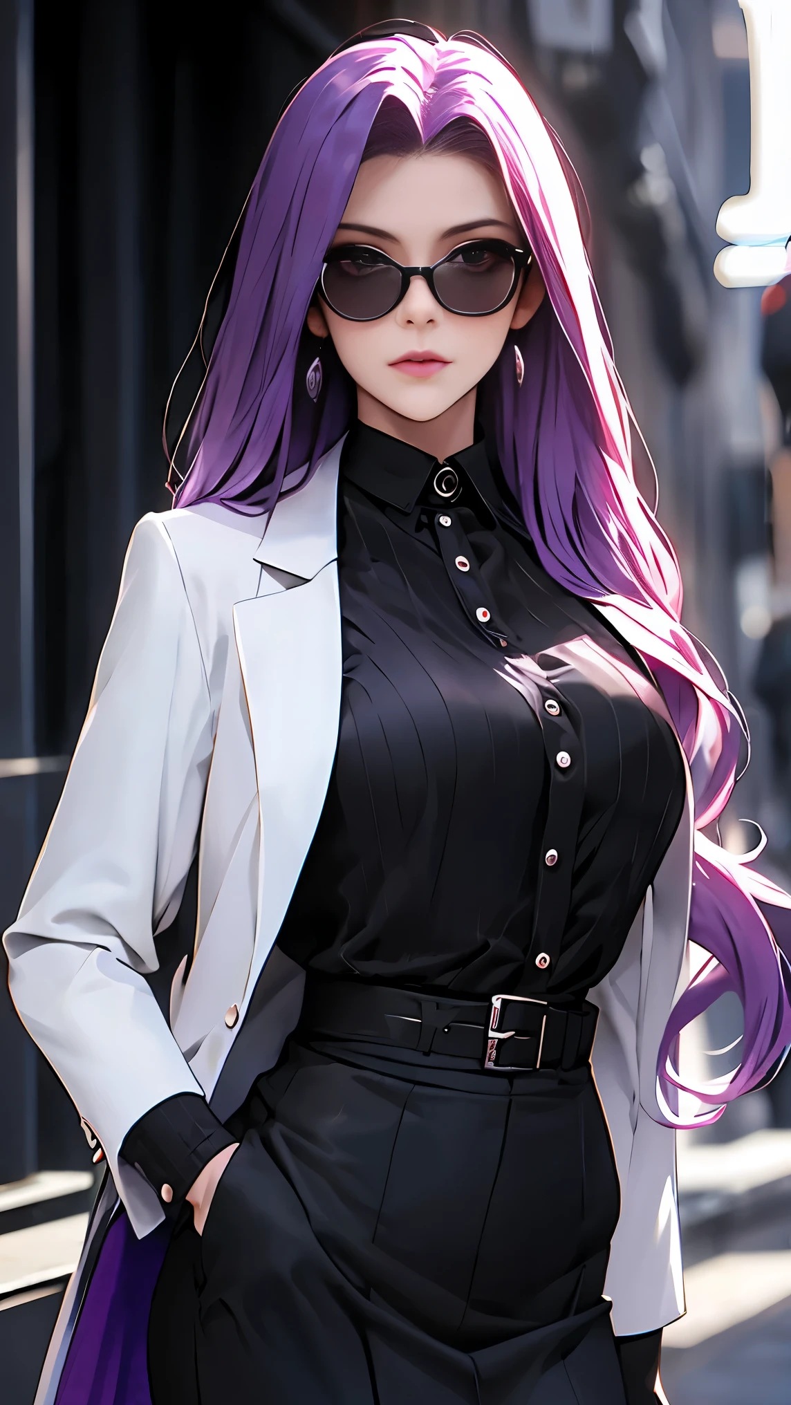 highest quality,masterpiece,High resolution,only,{Black business suit:1.40},{tie:1.20},{sunglasses:1.25},{White gloves:1.15},{ White shirt:1.10}, {Black Skirt:1.15}, good looking, {Medusa_FGO:1.15}, length_hair, purple_hair, very_length_hair, purple_eye, chest, big_chest