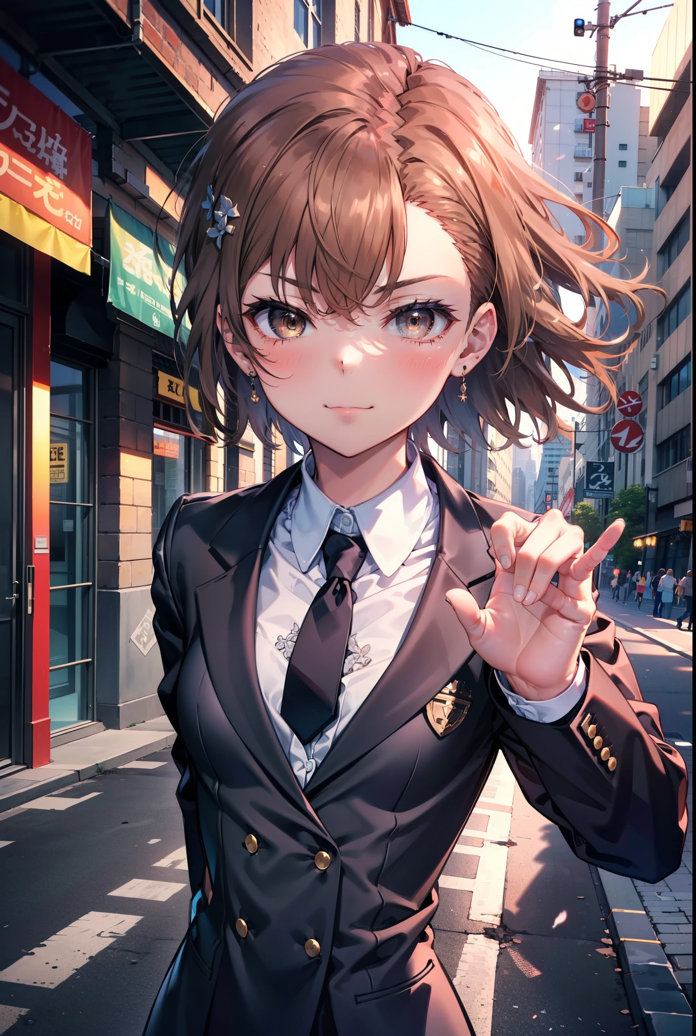 8k,highest quality,masterpiece,(((Pixel Perfect, Perfect in every detail))), 一peopleで, 女の子1people, ,Mycotrose, Brown eyes,Brown Hair,short hair,blush,happy smile, smile, Open your mouth,OL, Black suit jacket, Collared jacket, White dress shirt, Collared shirt, Neckline, button, Black pencil skirt, Black pantyhose,Stiletto heels,sunset,evening,The sun goes down,walking,whole bodyがイラストに入るように,
break outdoors, Building district,crowd, people々々々々,
break looking at viewer, whole body, 
break (masterpiece:1.2), highest quality, High resolution, unity 8k wallpaper, (shape:0.8), (Beautiful details:1.6), Highly detailed face, Perfect lighting, Extremely detailed CG, (Perfect hands, Perfect Anatomy),