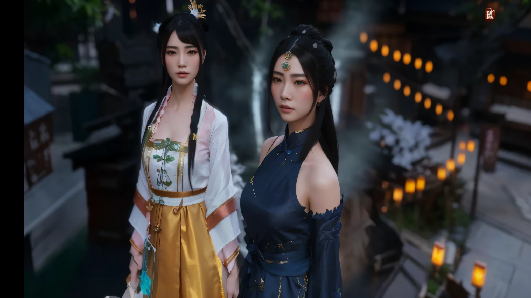 two women in oriental clothing standing next to each other, 8 k character details, full body xianxia, inspired by Li Mei-shu, game cg, inspired by Pu Hua, lunar themed attire, inspired by Lan Ying, full body wuxia, 8 k uhd character details, trending on cgstation, cotton cloud mage robes, 8k high quality detailed art. Realistic, 
