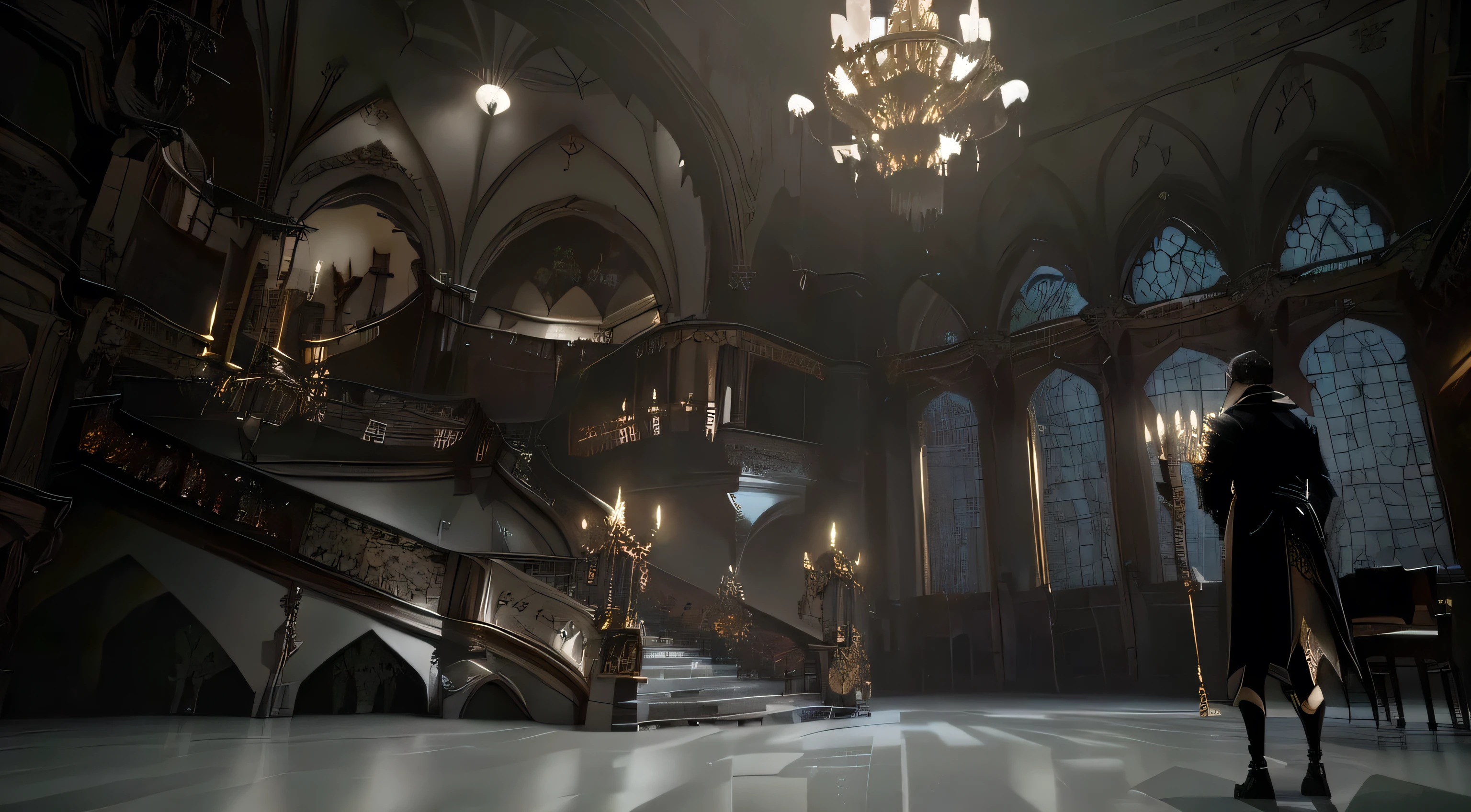 A man stands in a room with a chandelier, Dark majestic and magnificent hall, Gothic Mansion room, Gothic Epic Library concept, Inside an epic gothic castle, Gothic Epic Library, Gothic Mansion, Gothic interior, Akihiko Yoshida. Unreal Engine, In her surreal virtual reality castle, photorealistic dark concept art, The castle has a complex interior structure, Dramatic Lighting. concept art
