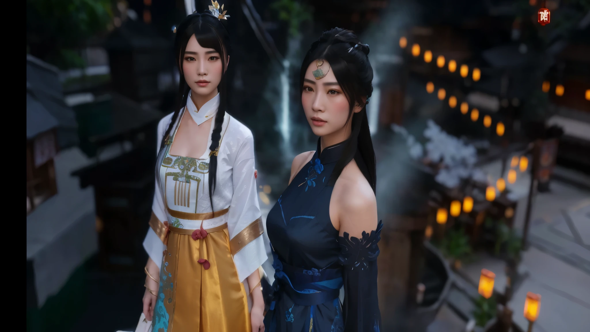 two women in oriental clothing standing next to each other, 8 k character details, full body xianxia, inspired by Li Mei-shu, game cg, inspired by Pu Hua, lunar themed attire, inspired by Lan Ying, full body wuxia, 8 k uhd character details, trending on cgstation, cotton cloud mage robes, 8k high quality detailed art. Realistic,