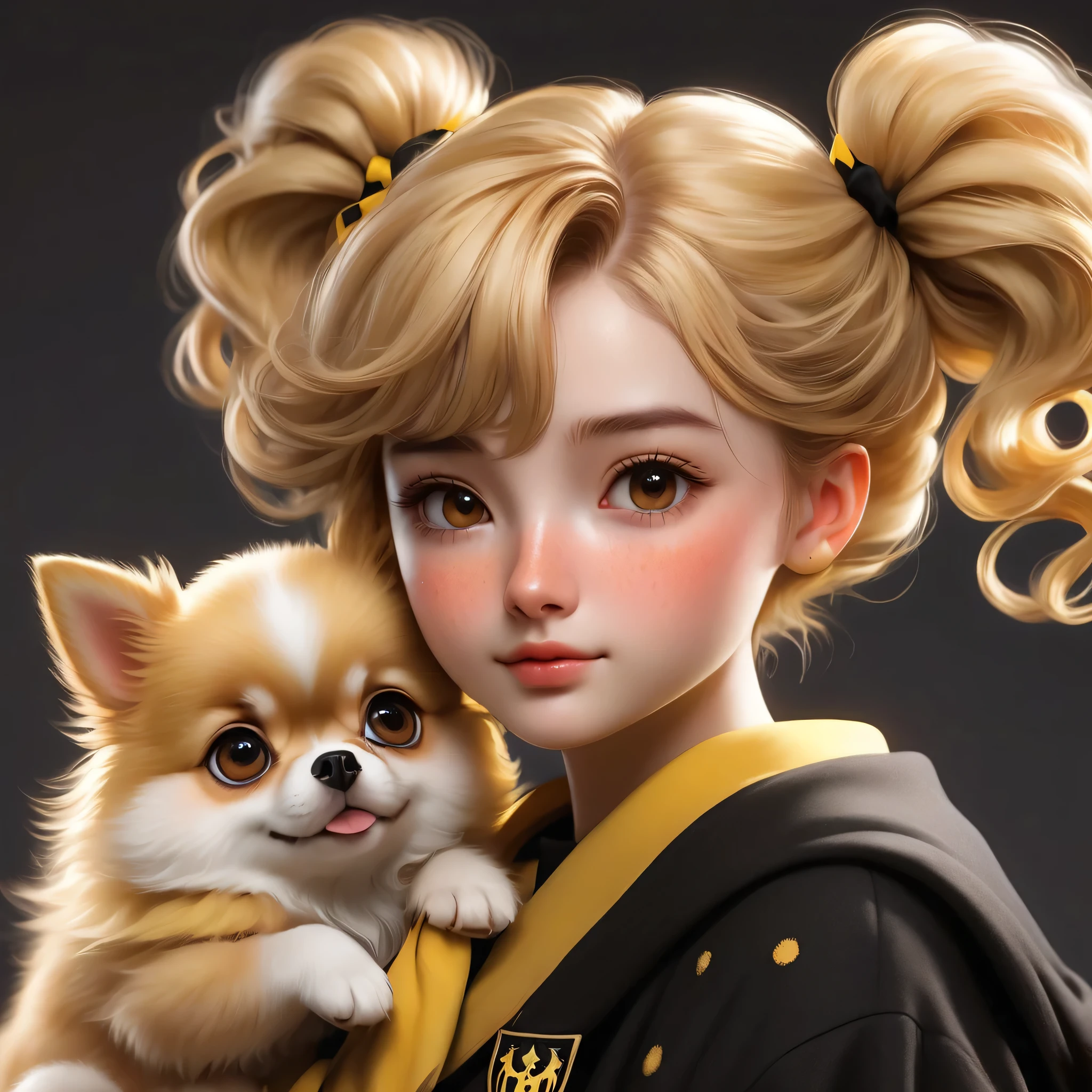 best quality, Masterpiece, Hogwarts students, Hufflepuff, Short hair with high twin tails., Short hair with golden blonde twin tails., serious, Very naughty, cute and bright, Freckles on the face, along with her adorable Pomeranian puppy, detailed brown eyes, detailed face, Fine skin, soft light, mysterious, soft shadow, detailed texture, dynamic light,