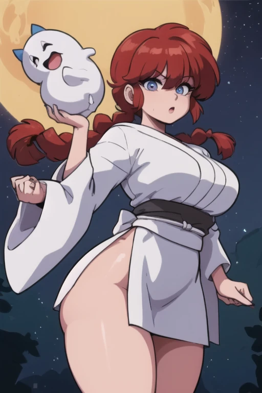 RanmaChan, cabello rojo, Cabello con trenza, ojos azules, ojos detallados, cuerpo completo, lindo, sexyrobutts, Japanese Ghost Costume, fantama flotando, noche luna llena
