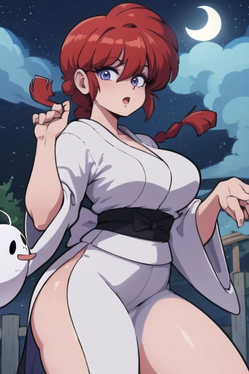 RanmaChan, cabello rojo, Cabello con trenza, ojos azules, ojos detallados, cuerpo completo, lindo, sexyrobutts, Japanese Ghost Costume, fantama flotando, noche luna llena 