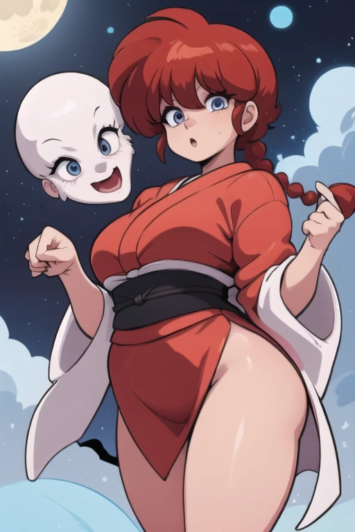 RanmaChan, cabello rojo, Cabello con trenza, ojos azules, ojos detallados, cuerpo completo, lindo, sexyrobutts, Japanese Ghost Costume, fantama flotando, noche luna llena