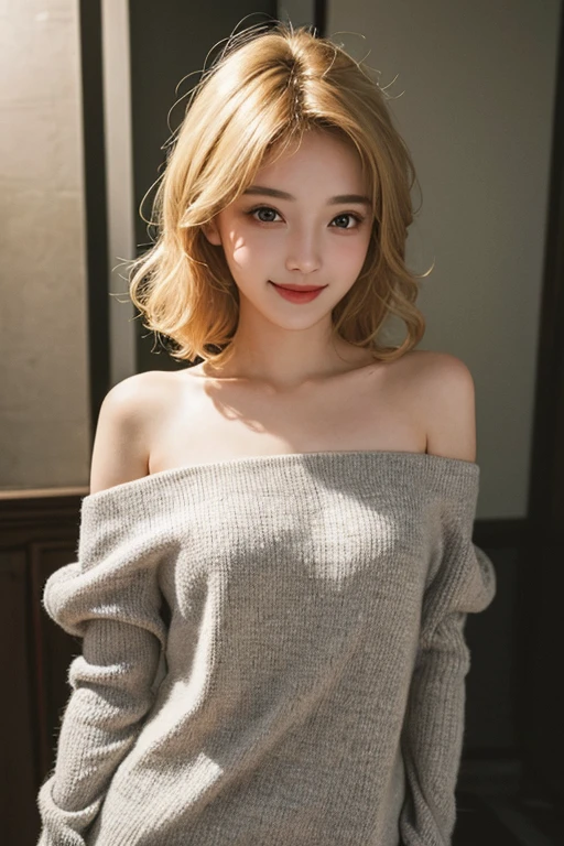 highest quality, masterpiece, Ultra-high resolution, (Realistic:1.5), Blonde gal, RAW Photos, smile, Bodyline、hip, One girl, Off the shoulder, skintight, In the Dark, Deep Shadow, Modest, Cold Light, Sexy look