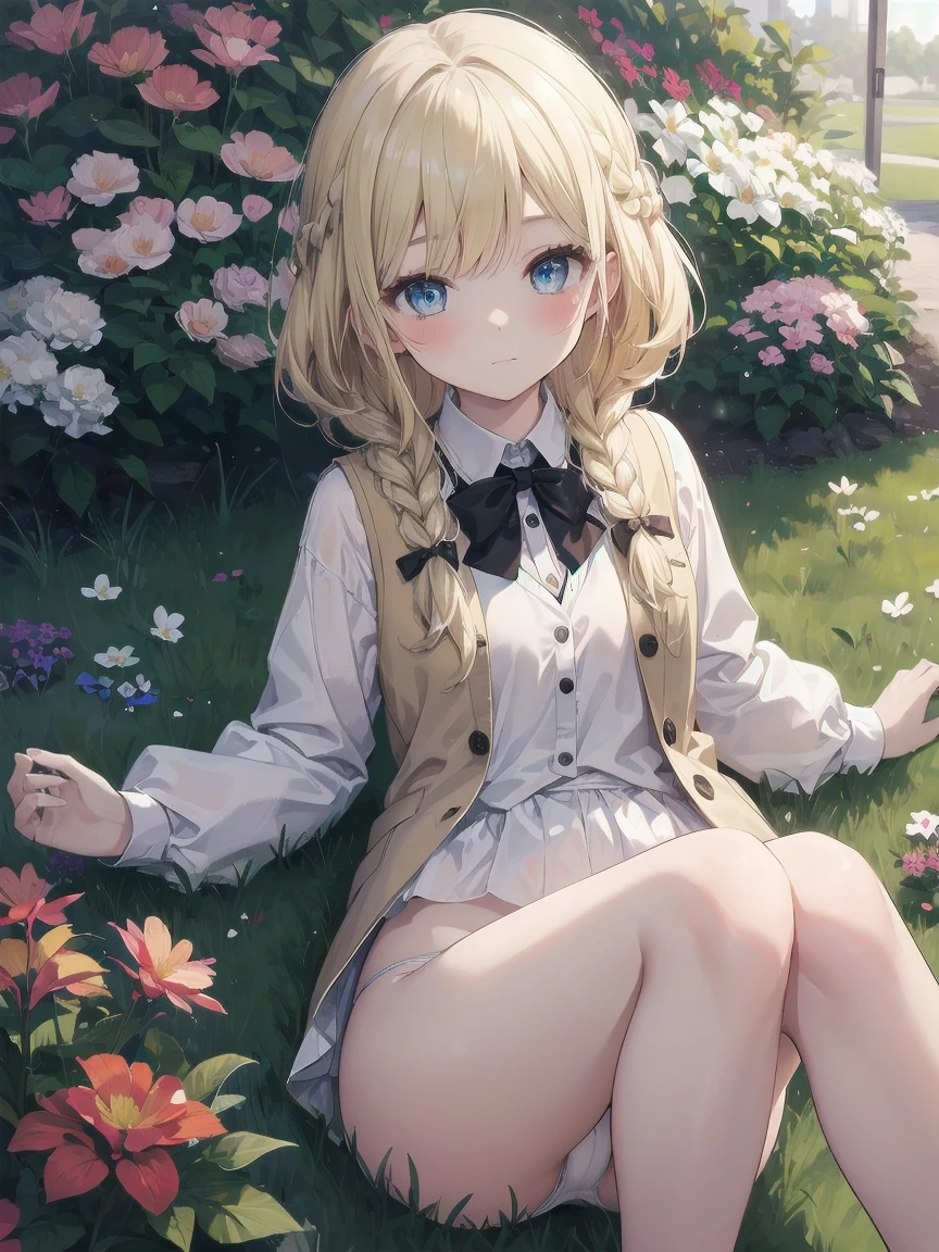 masterpiece, highest quality, Very detailed, 16k, Ultra-high resolution、One 14-year-old girl, Perfect Fingers, Detailed face, Blushing, blue eyes, Blonde, Braid, White panties, White blouse, Black vest, garden, flower bed, Lying on the grass