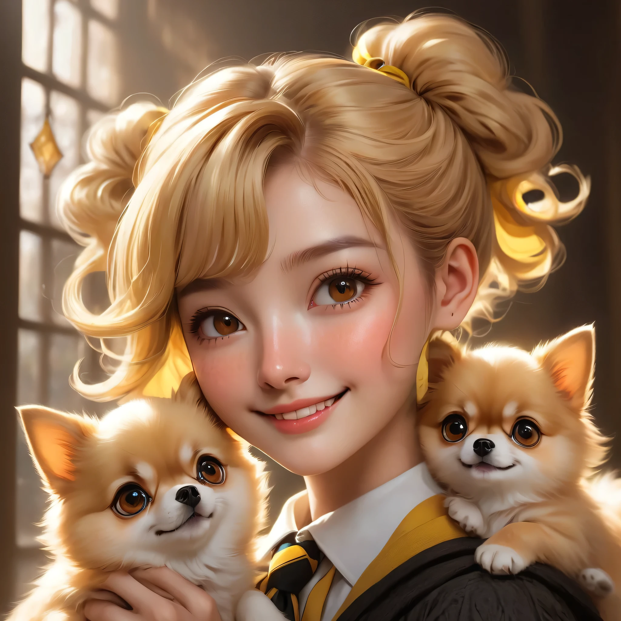 best quality, Masterpiece, Hogwarts students, Hufflepuff, Short hair with high twin tails., Short hair with golden blonde twin tails., serious, smile, Very naughty, cute and bright, freckles on face, freckles, along with her adorable Pomeranian dog, detailed brown eyes, detailed face, Fine skin, soft light, mysterious, soft shadow, detailed texture, dynamic light,