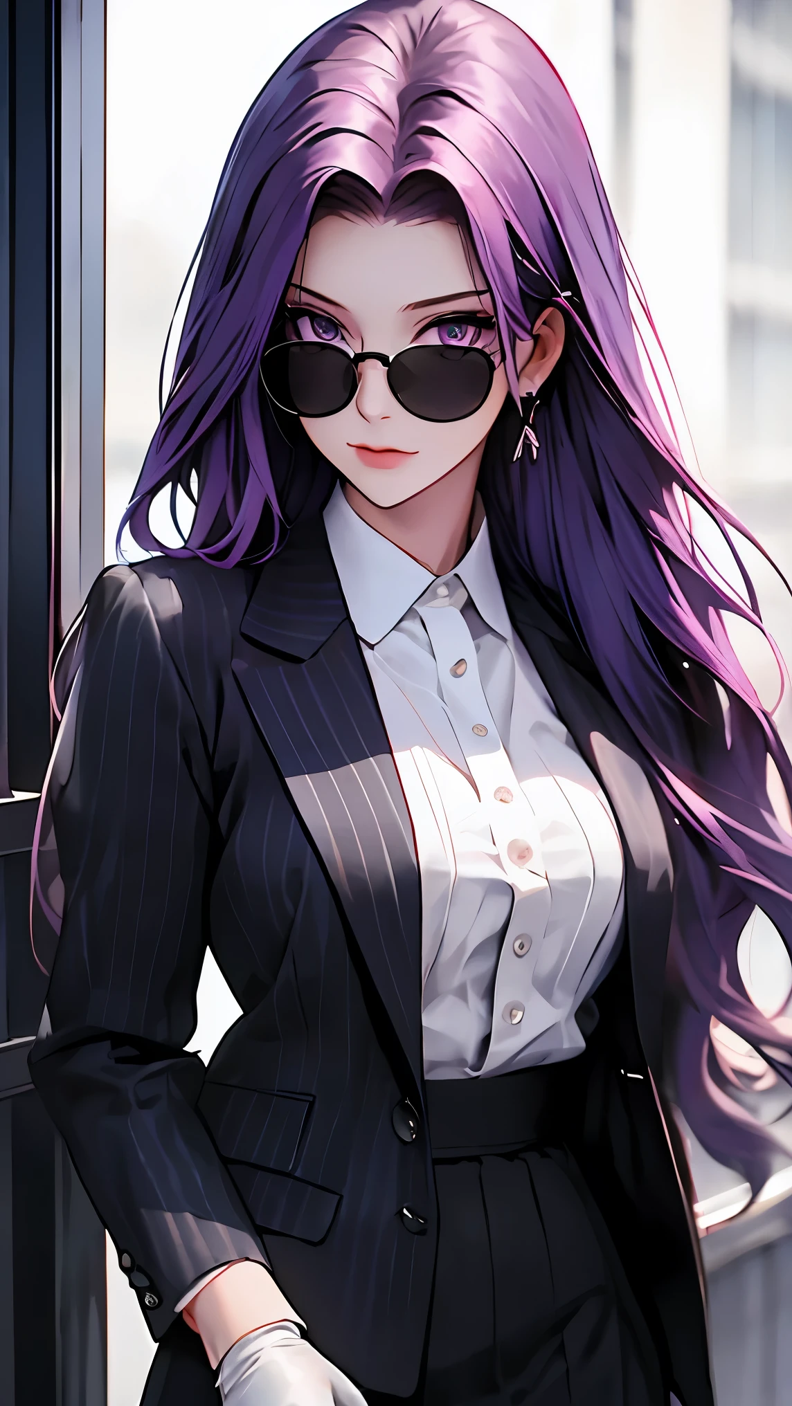 highest quality,masterpiece,High resolution,only,{Black business suit:1.40},{tie:1.20},{sunglasses:1.25},{White gloves:1.15},{ White shirt:1.10}, {Black Skirt:1.15}, good looking, {Medusa_FGO:1.15}, length_hair, purple_hair, very_length_hair, purple_eye, chest, big_chest