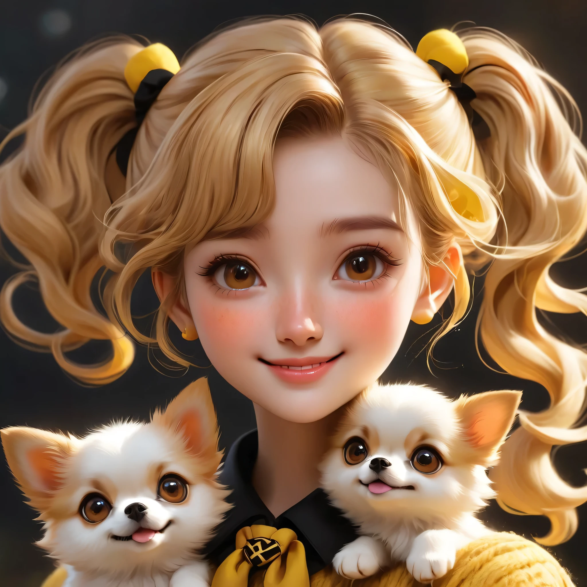 best quality, Masterpiece, Hogwarts students, Hufflepuff, Short hair with high twin tails., Short hair with golden blonde twin tails., serious, smile, Very naughty, cute and bright, freckles on face, freckles, along with her adorable Pomeranian dog, detailed brown eyes, detailed face, Fine skin, soft light, mysterious, soft shadow, detailed texture, dynamic light,