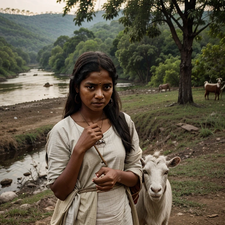 An Indian poor girl with her goats . She take a stick in her hands .  River and forest in background.She is crying. Very detailed, realistic image