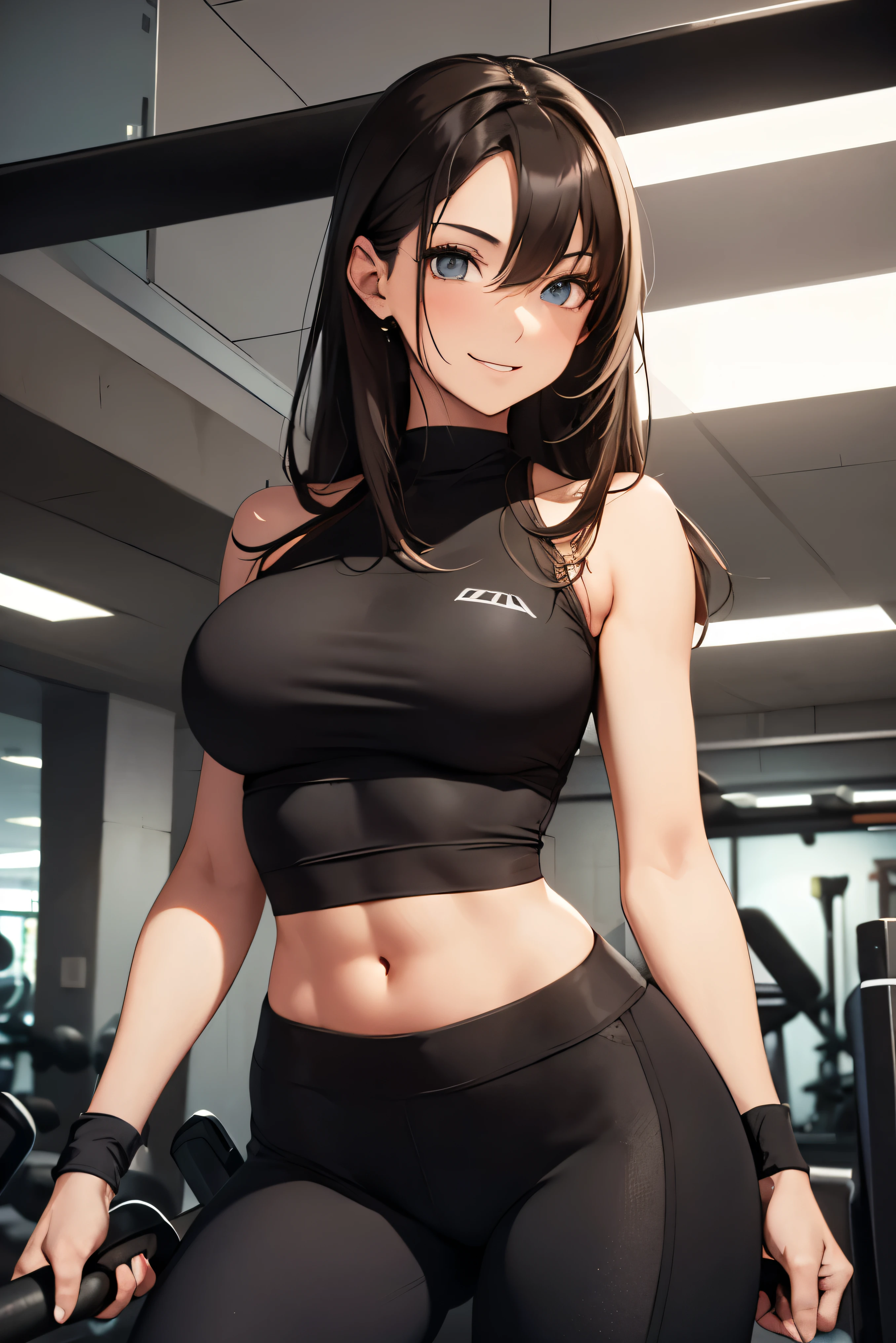 (young,fit,brunette woman:1.1),wearing(tight,form-fitting:1.1) black leggings at a gym, (tomboyish,sporty:1.1),(solo,alone:1.1),sexy,(beautiful,gorgeous,lovely:1.1) smile.