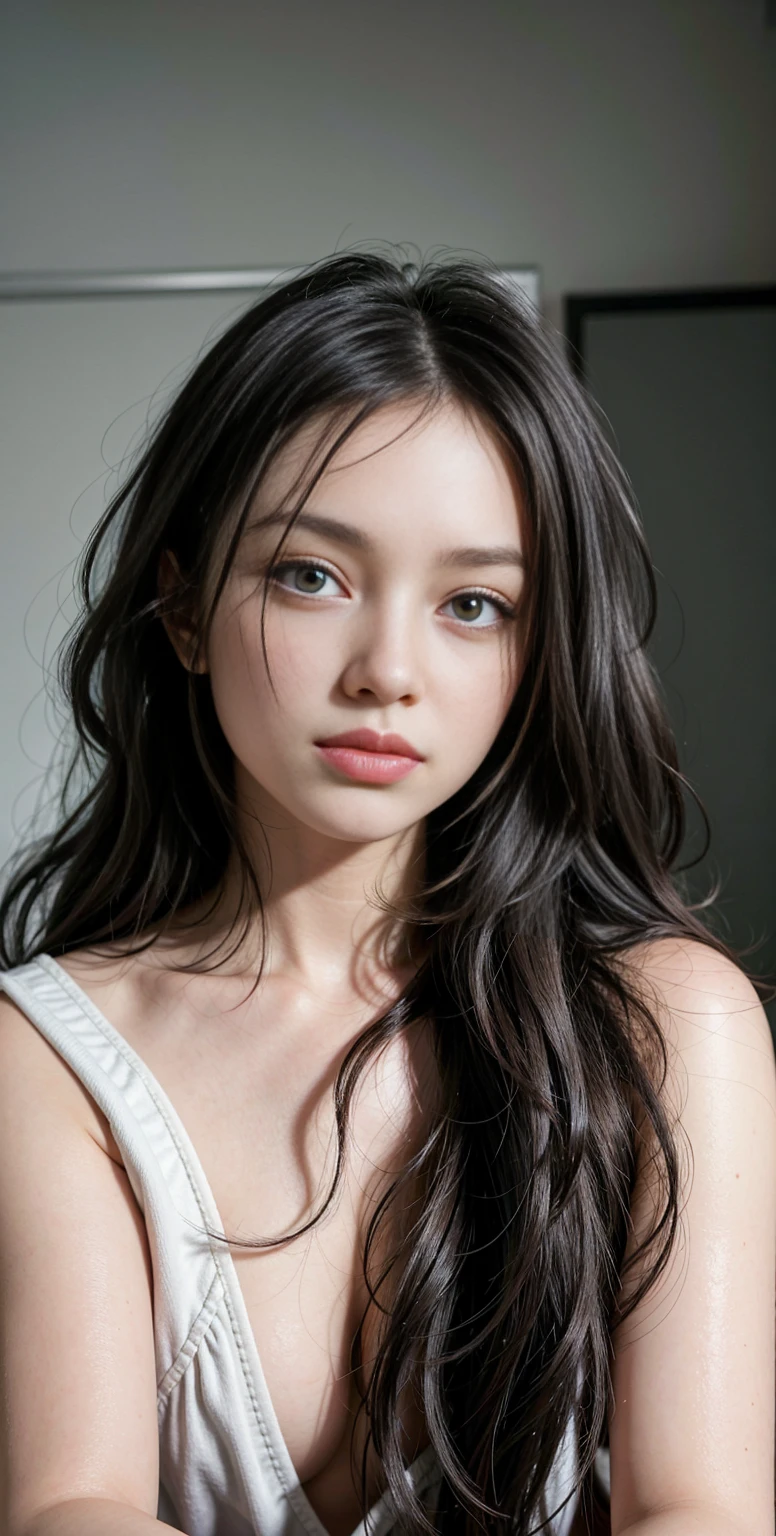 A close-up of a woman with long black hair posing for a photo sitting in a chair with her right leg bent, her right knee at chin level, she has black hair with bangs, long black hair with bangs, long dark hair with bangs, face like ester exposito, curtain bangs, hair with black bangs, beautiful poarch, black hair and big eyes, with long hair and penetrating eyes, profile picture, Portrait of Sophie Mudd takes zoom out view of her full body, seductive look.