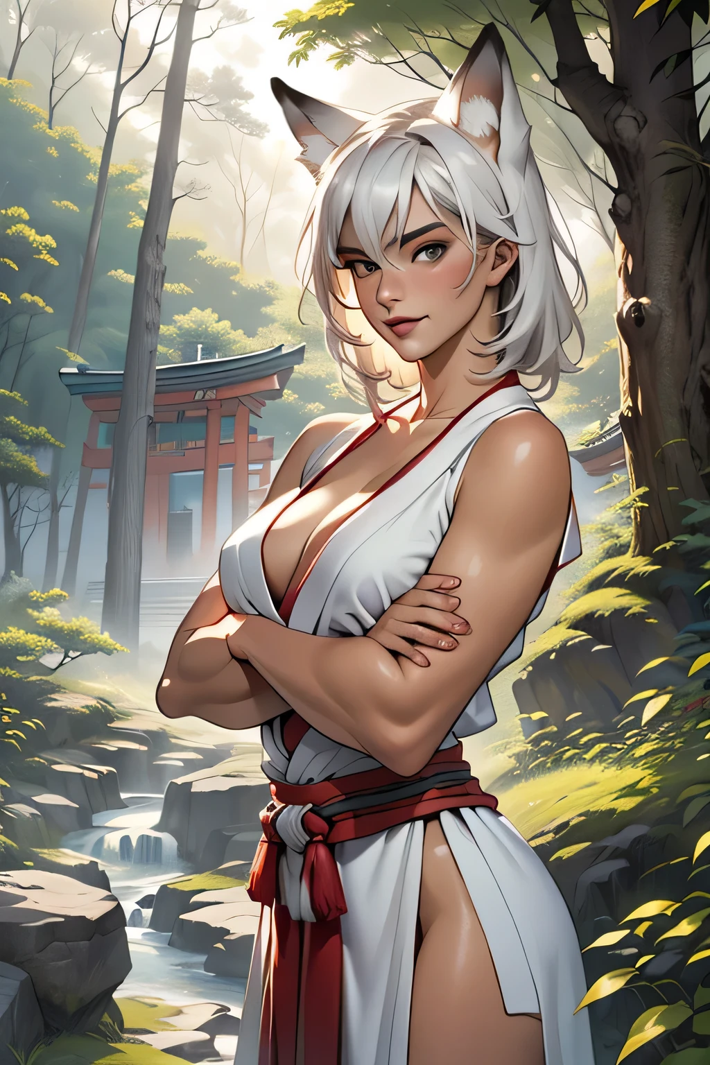 (masterpiece:1.3), (8k, Realistic, RAW Photos, highest quality: 1.4), ((One Japanese woman)), Beautiful Face, (Realistic Face), Beautiful hairstyle, ((Long, narrow eyes)), Realistic eyes, Beautiful fine details, (Realistic Skin), Beautiful Skin, Absurd, Charm, Ultra-high resolution, Ultra-realistic, Very detailed, Golden Ratio, (Best Shadow), Cinematic, (Complex:1.4), ((One Priestess)), Smile, (vermilion eyeshadow), ((White Fox Ears, Long white hair)), ((Fair skin)), (Pure white skin:1.1), Voluptuous body, ((Arms crossed)), (Shoulders stick out), ((Cleavage:1.1)), Alluring, Japanese Shinto Shrine Maiden Costume, ((The lower half of the body is a loincloth)), barefoot, Old Japanese Shinto Shrine, (Great Falls), Early morning sanctuary, (morning haze:1.5), ((Deep in the forest:1.2)), (Mikamiki:1.2), (steam:1.5), cowboy shot
