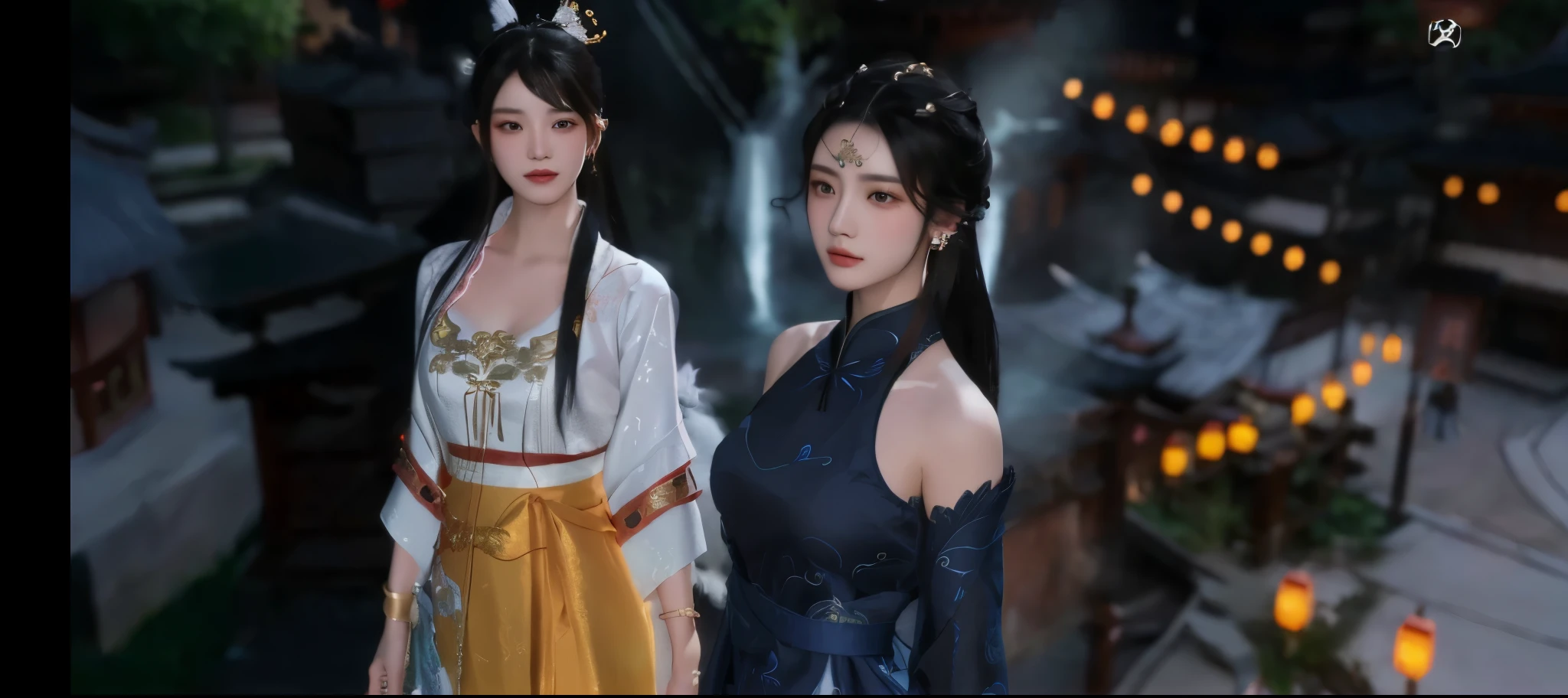 two women in oriental clothing standing next to each other, 8 k character details, full body xianxia, inspired by Li Mei-shu, game cg, inspired by Pu Hua, lunar themed attire, inspired by Lan Ying, full body wuxia, 8 k uhd character details, trending on cgstation, cotton cloud mage robes, 8k high quality detailed art. Realistic, 