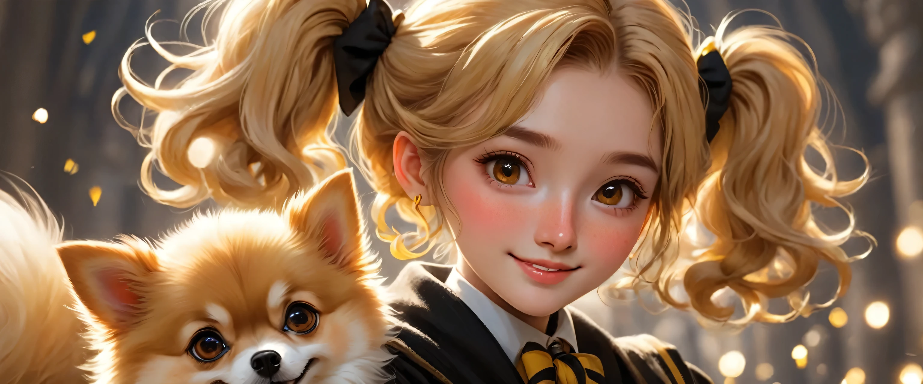 best quality, Masterpiece, Hogwarts students, Hufflepuff, Short hair with high twin tails., Short hair with golden blonde twin tails., serious, smile, Very naughty, cute and bright, freckles on face, freckles, along with her adorable Pomeranian dog, detailed brown eyes, detailed face, Fine skin, soft light, mysterious, soft shadow, detailed texture, dynamic light,