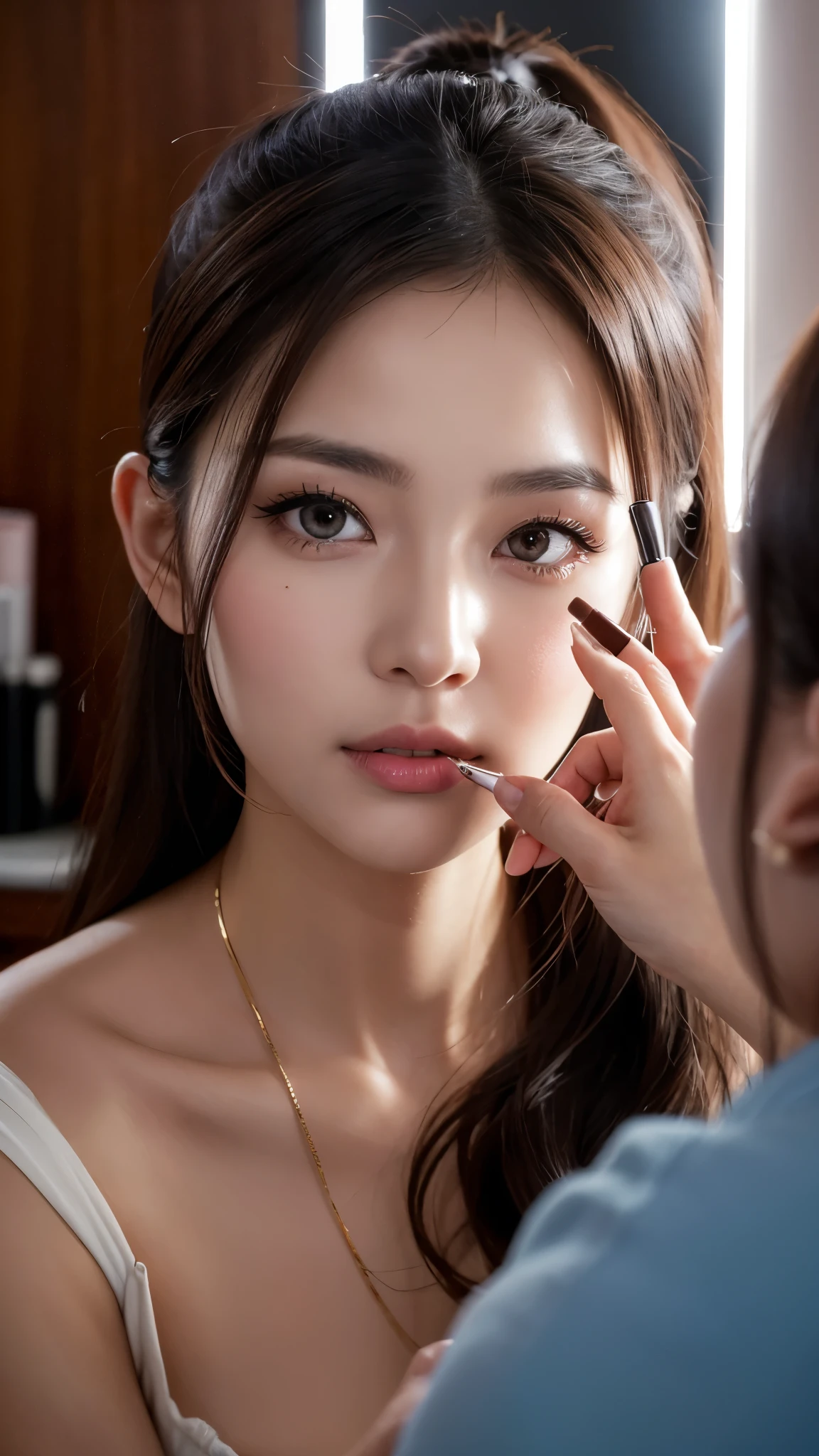 A detailed image of a woman putting on makeup in a room during the day, taken with a cinematic camera, using portrait with cinematic lighting --ar 9:16 --s 1000 --v 6

