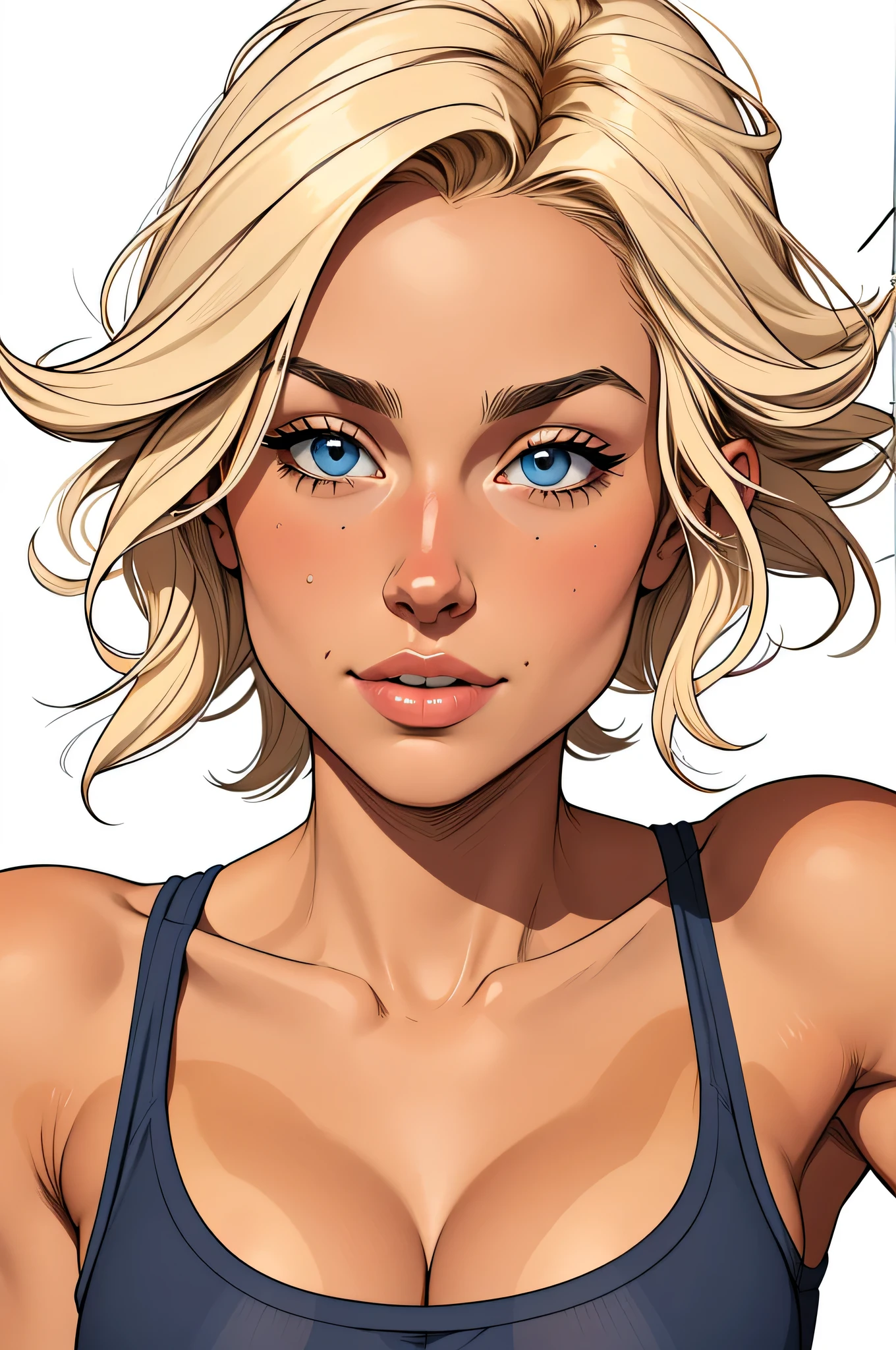 Flat colors, close up, portrait of a 25 year old surfer looking girl, tan skin, beach blonde salty hair, natural beaty, beautiful, casual, see thru tank top, Cleavage simply white background