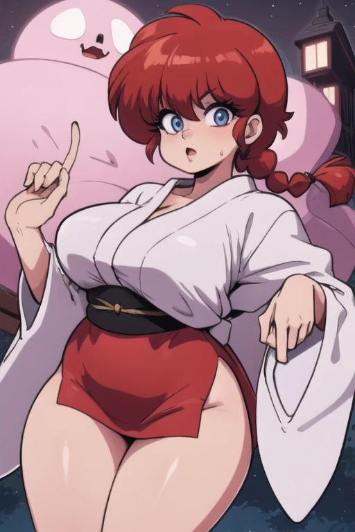 RanmaChan, cabello rojo, Cabello con trenza, ojos azules, ojos detallados, cuerpo completo, lindo, sexyrobutts, Japanese Ghost Costume, fantama flotando, noche luna llena