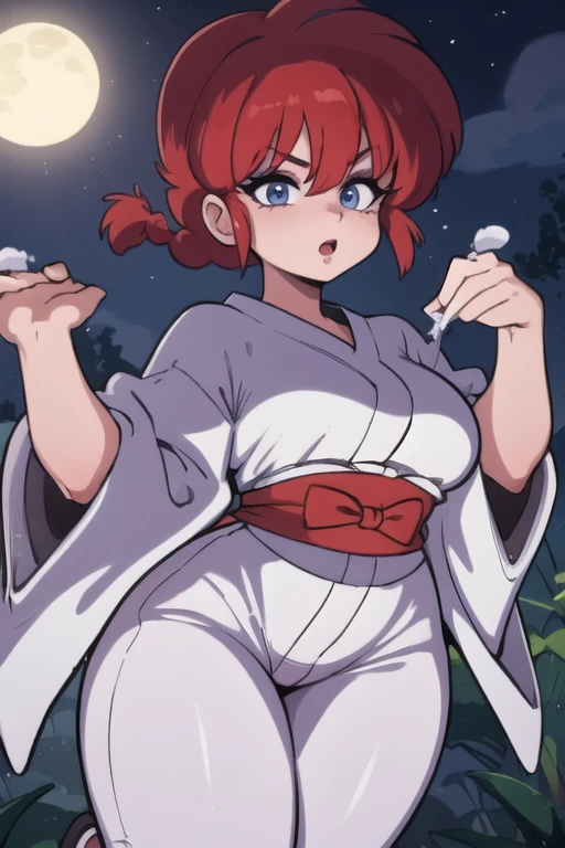 RanmaChan, cabello rojo, Cabello con trenza, ojos azules, ojos detallados, cuerpo completo, lindo, sexyrobutts, Japanese Ghost Costume, fantama flotando, noche luna llena 