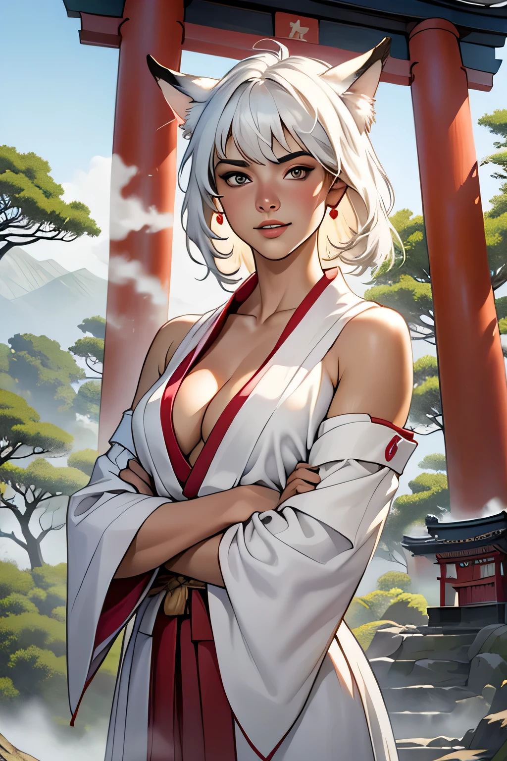 (masterpiece:1.3), (8k, Realistic, RAW Photos, highest quality: 1.4), ((One Japanese woman)), Beautiful Face, (Realistic Face), Beautiful hairstyle, ((Long, narrow eyes)), Realistic eyes, Beautiful fine details, (Realistic Skin), Beautiful Skin, Absurd, Charm, Ultra-high resolution, Ultra-realistic, Very detailed, Golden Ratio, (Best Shadow), Cinematic, (Complex:1.4), ((One Priestess)), Smile, (vermilion eyeshadow), ((White Fox Ears, Long white hair)), ((Fair skin)), (Pure white skin:1.1), Voluptuous body, ((Arms crossed)), (Shoulders stick out), ((Cleavage:1.1)), Alluring, Japanese Shinto Shrine Maiden Costume, barefoot, Dilapidated Japanese Shinto Shrine, Decayed Vermilion Torii Gate, Early morning sanctuary, (morning haze:1.5), ((Deep in the forest:1.1)), (Mikamiki:1.2), (steam:1.5), cowboy shot, (Chest up:1.4)