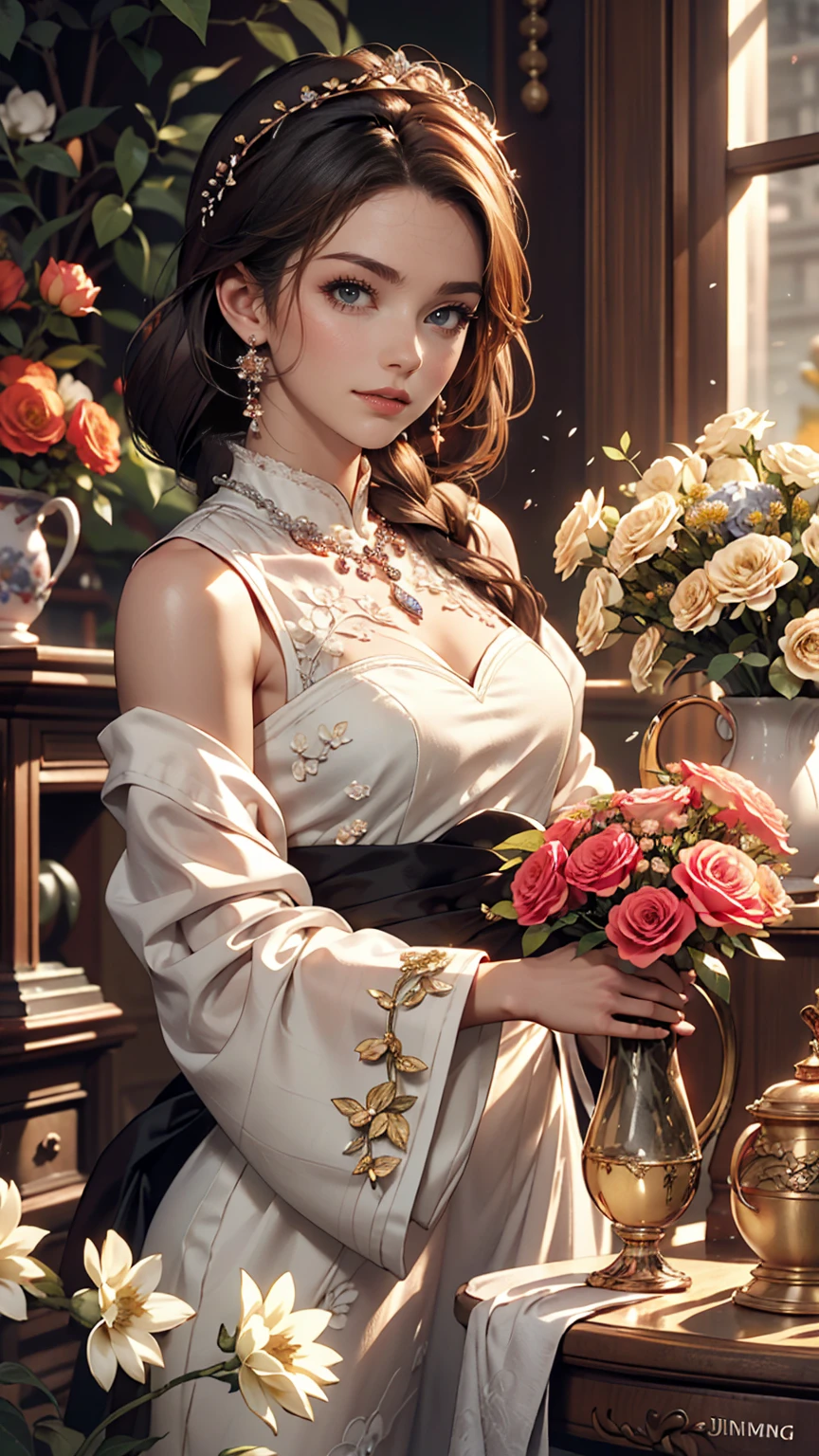 Close-up of a woman arranging flowers in a vase, With flowers, Magazine Photos, by Ayami Kojima, Official artwork, Shin Jinyoung, Surrounded by frozen flowers, Ni Tian, Dilraba Dilmurat, Jaeyoung Nam, First Wave, Fan Se-, mackenzie foy, by Zhang Han, Park from to minutes, By Jin Nong