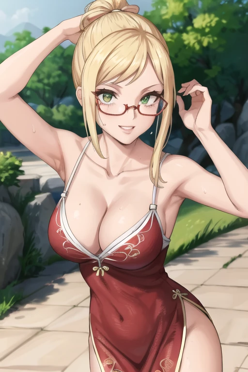 ((best quality)),((highly detailed)),masterpiece,absurdres,detailed face,beautiful face,(detailed eyes, deep eyes),1girl,((dynamic pose)), kaede akiyama, blonde hair, long hair, solo, green eyes, bow, large breasts, cowboy shot, chinese town, outdoors, seductive smile, looking at viewer, wearing red chinese dress, put your hands behind your head, armpits, armpits visible, sweaty armpits, cleavage visible, wearing glasses