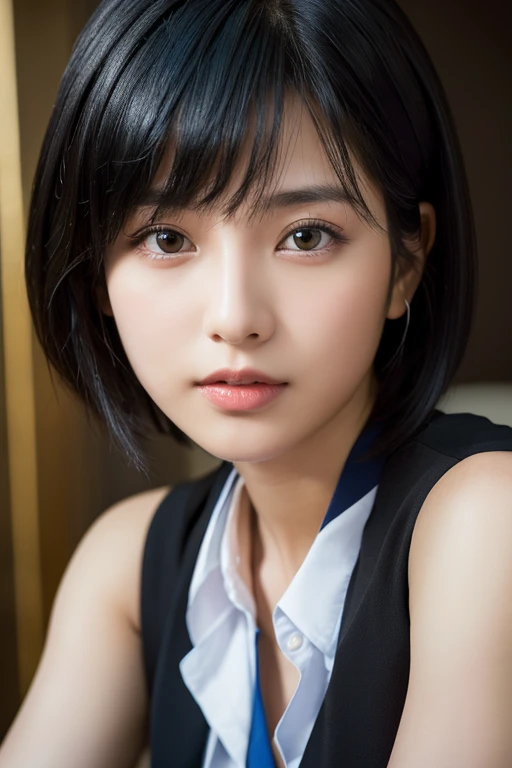 [Blue-black:.3] hair, (masterpiece:1.3), (8k, Realistic, RAW Photos, highest quality: 1.4), Japanese, (One girl), Beautiful Face, (Realistic Face), (black hair, short hair:1.3), beautiful hairstyle, Realistic eyes, Beautiful fine details, (Realistic Skin), Beautiful Skin, Charm, Ultra-high resolution, Ultra-realistic, Very detailed, Golden Ratio,Bust Shot,Business casual attire、The background is in the room