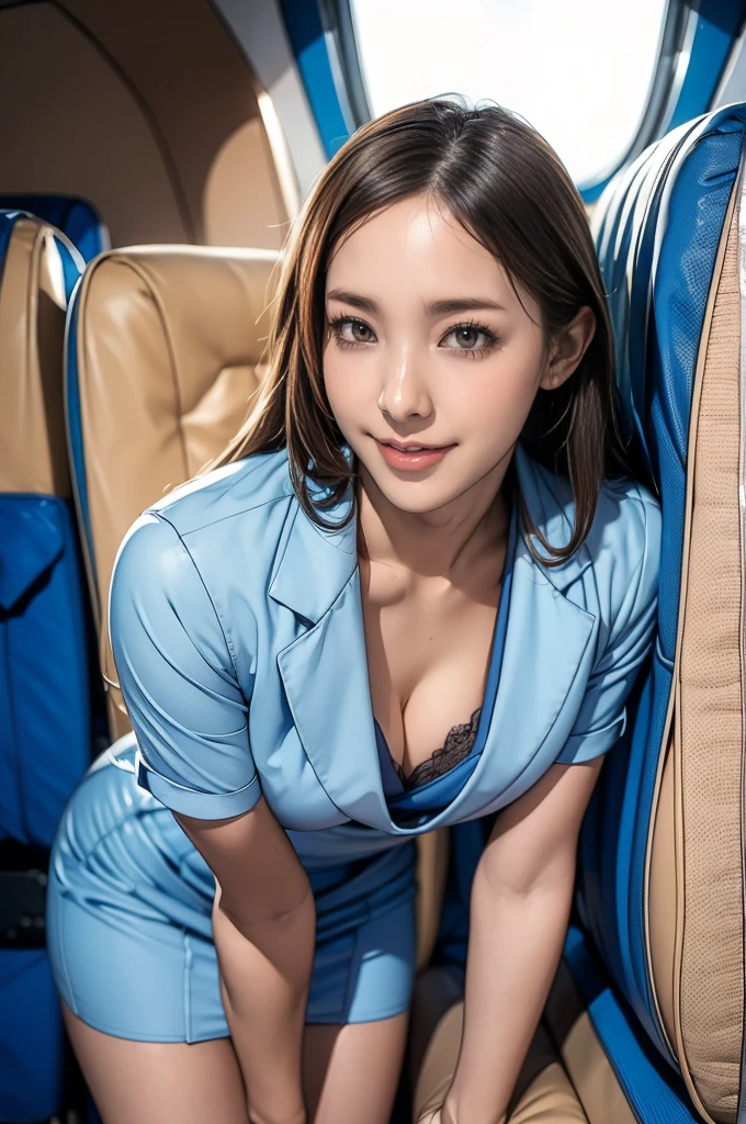 (8K, best quality, masterpiece:1.2), (realistic, photo-realistic:1.37), (high color saturation:1.0), (highly detailed skin), (highest quality:1.0), (ultra high resolution:1.0) ,(realistic:1.0), (Super detailed:1.0), (8K, Raw photo:1.1)、standing random pose, smiling, natural breast, perfect lighting, 3girls, 24years old, (mysterious), clear and detailed, ((ANA_Cabin Crew, blue flight attendant_uniform)), beige pantyhose, (aircraft, aircraft seats), cute face, , show her panties, nsfw,