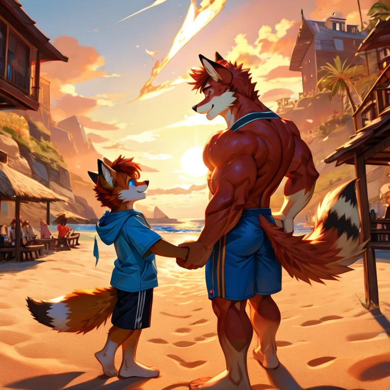 (masterpiece, Best quality:1.2), 8K,Cinematic lighting effects，Textured skin，best qualtiy，Storytelling images，Storytelling images dynamic blur, beach, (masterpiece, Best quality:1.2), Fox Teen Boy, in shorts, body covered in white and ginger fur, Furry style,very muscular wild ,full height,veiny muscles, very short red hair,freckles on the body and face,blue eyes, extremely defined muscles,sharp focus, young , friendly