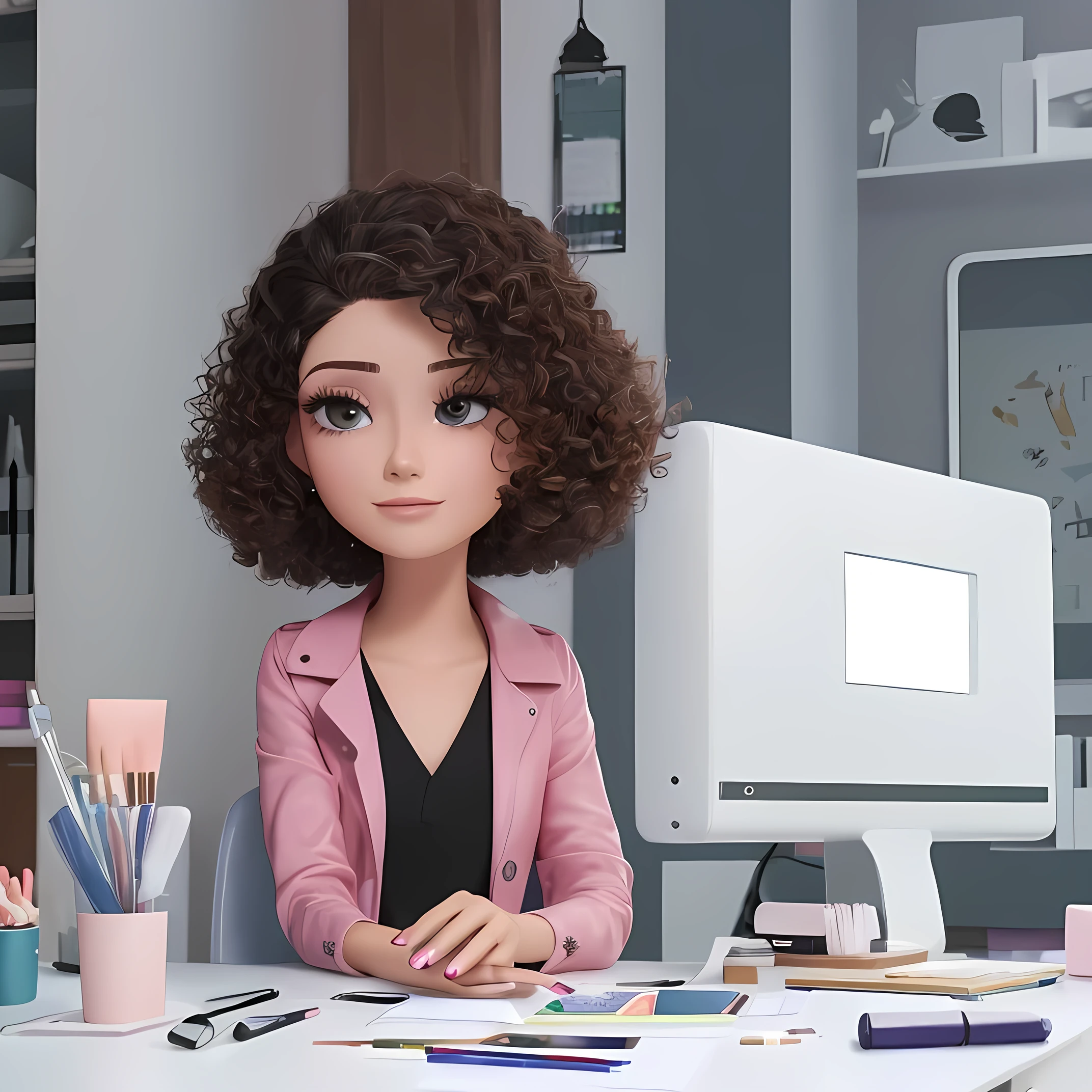 Escritorio de manicurista, 20 year old young man, con pelo rizado, pelo rubio, blanca, Brown eyes, cara redondeada, esmaltes, nail files in hand, table lamp, sentada en una silla en el escritorio, long eyelashes, manicurista, muestrario de colores de esmaltes, pelo suelto, delantal de manicurista profesional y guantes negros tipo doctor