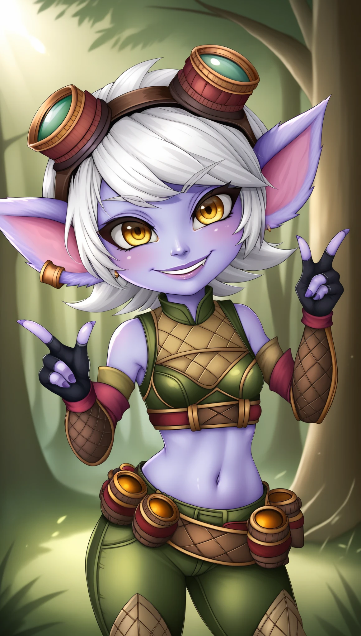 TristanaLoLXL, yordle, yellow eyes, pointy ears, white hair, short hair, earrings, googles on head, purple skin, colored skin. small breasts, green crop top, navel, arm sleeves, gloves, fingerless gloves, elbow gloves, green pants, belt, grenade belt, standing, looking at viewer, forest, tree