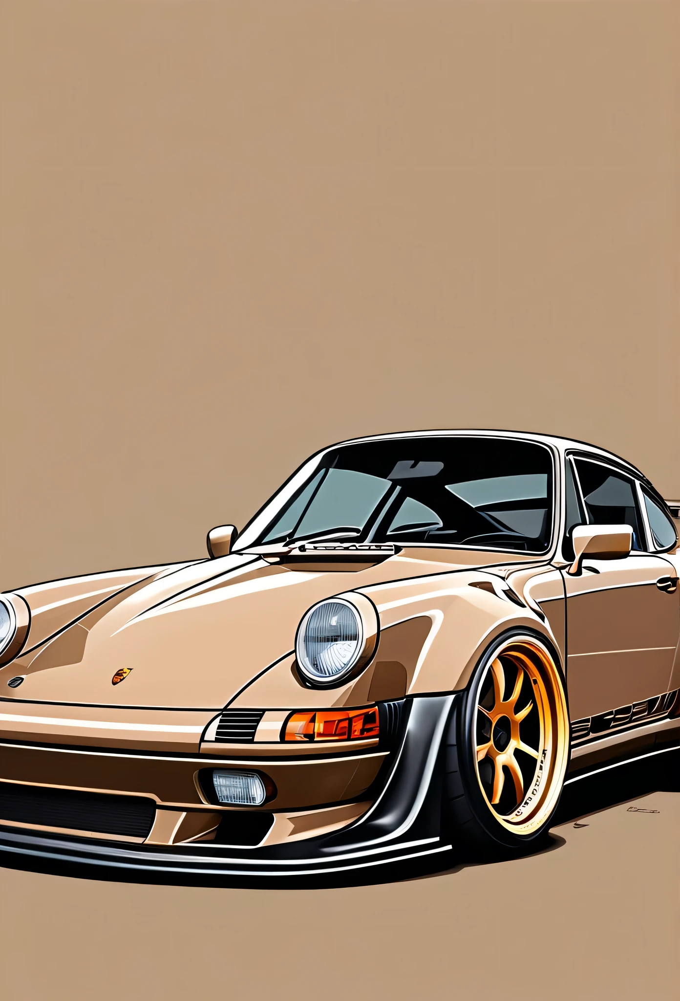 Dark beige and brown Porsche 911 rwb, pop art, cartoonish style , sketch, detailed illustration, large wheels, wide bodykit