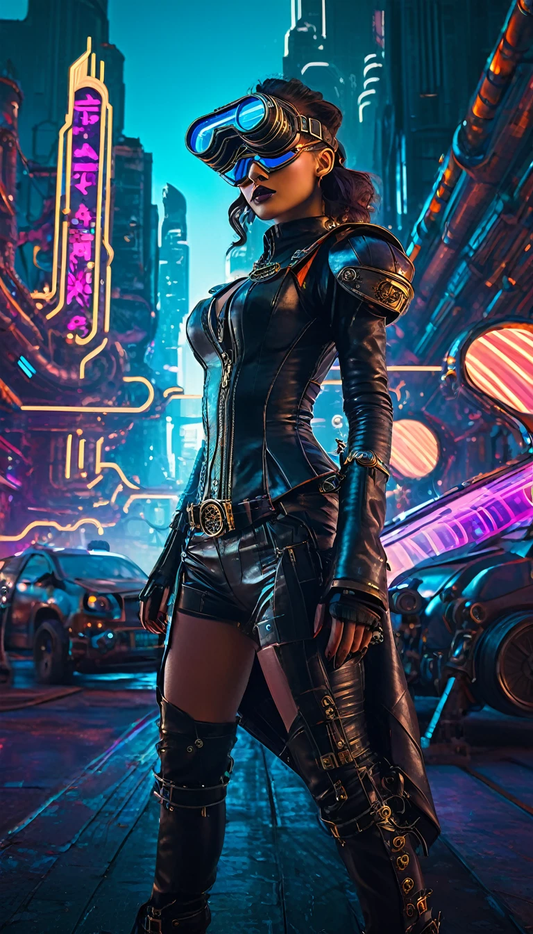 A girl in an atompunk city, wearing a futuristic outfit, with glowing neon lights reflecting on her metallic, high-tech goggles and visor. She is holding a vintage raygun in her hand and standing in front of a retro-futuristic vehicle. The cityscape is filled with towering skyscrapers adorned with art deco designs, and floating advertisements showcasing advanced technology. The streets are bustling with people wearing steampunk-inspired clothing, and there are airships soaring through the sky. The overall scene is bathed in a vibrant color palette, with a mix of cool blues and purples contrasting with the warm hues of the neon lights. The lighting is dramatic and dynamic, casting long shadows and emphasizing the futuristic elements in the scene. The image quality is (best quality, ultra-detailed, realistic:1.37), with sharp focus and vivid colors. The art style is a combination of steampunk and cyberpunk, with intricate details and a sense of technological advancement.