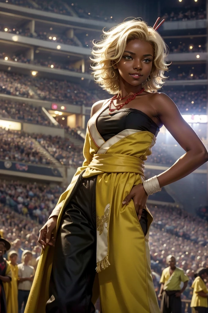 arslanaltan, 1girl, blonde hair, short hair, green eyes, dark skin, brown skin, hair ornament, sash, baggy pants, bandages, bare shoulders, necklace, hands on hips, (Masterpiece, Best Quality, Highres:1.2), Detailed, Intricate Details, 4K, solo, cowboy shot, high rating, standing, theater, audience, crowd, smile, looking at viewer,