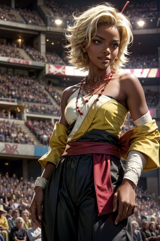 arslanaltan, 1girl, blonde hair, short hair, green eyes, dark skin, brown skin, hair ornament, sash, baggy pants, bandages, bare shoulders, necklace, hands on hips, (Masterpiece, Best Quality, Highres:1.2), Detailed, Intricate Details, 4K, solo, cowboy shot, high rating, standing, theater, audience, crowd, smile, looking at viewer,